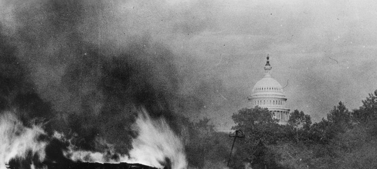 The Bonus Marchers’ shantytown burned down within sight of the Capitol on the afternoon of July 28, 1932. Federal troops had set fire to the camp after dispersing the unemployed and unhoused World War I veterans who were asking for an early release of their war bonuses.