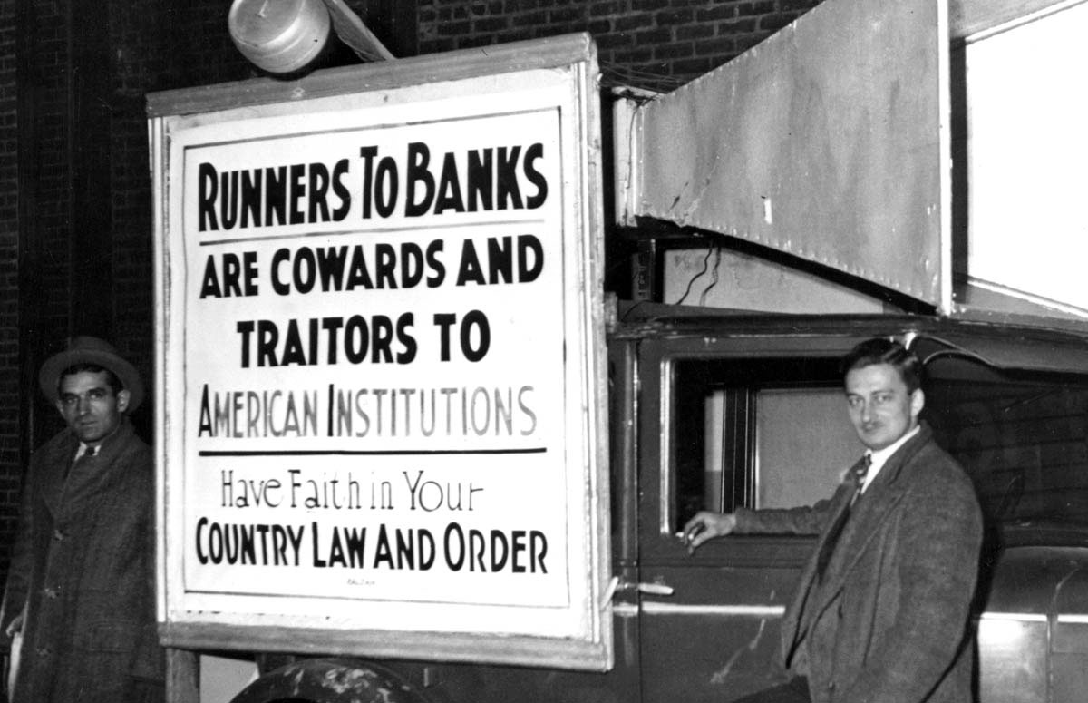 Instead of blaring its usual movie advertisement, this theater sound truck toured the streets of Boston in December 1931 to chide citizens who, fearing impending financial failure, had withdrawn their deposits from local banks.