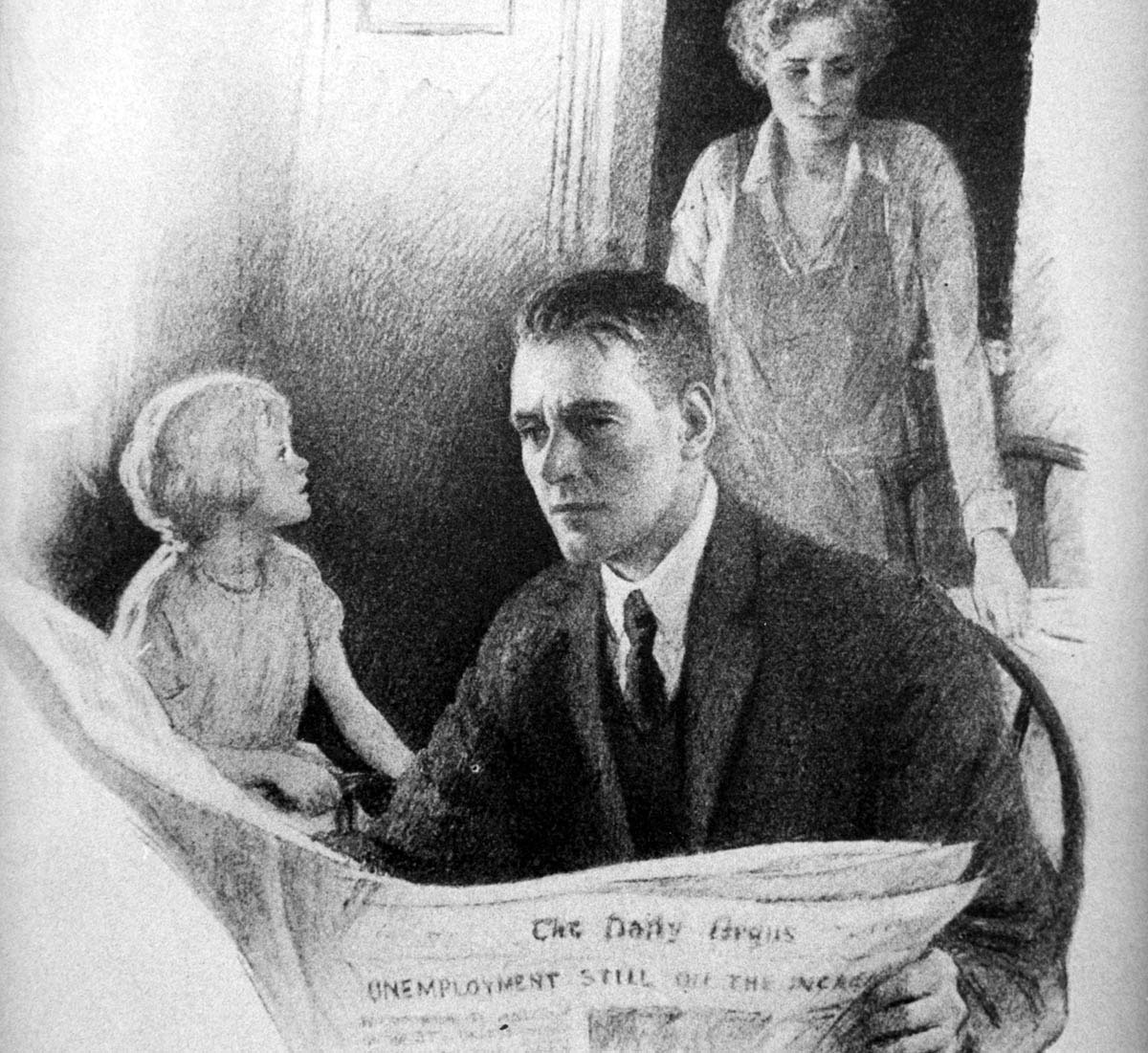 “Mama,” runs the caption of this illustration published in the December 12, 1930, issue of <em>Life</em> magazine, “it’s so nice to have Daddy home all the time now.” More than a year after the stock market crash, the situation was too grim a subject to lampoon, even for this magazine that favored arch commentary and collegiate humor. <em>Life</em> soon became another victim of the Depression and folded in 1936; Henry Luce quickly adopted its name for his new photojournalism magazine.