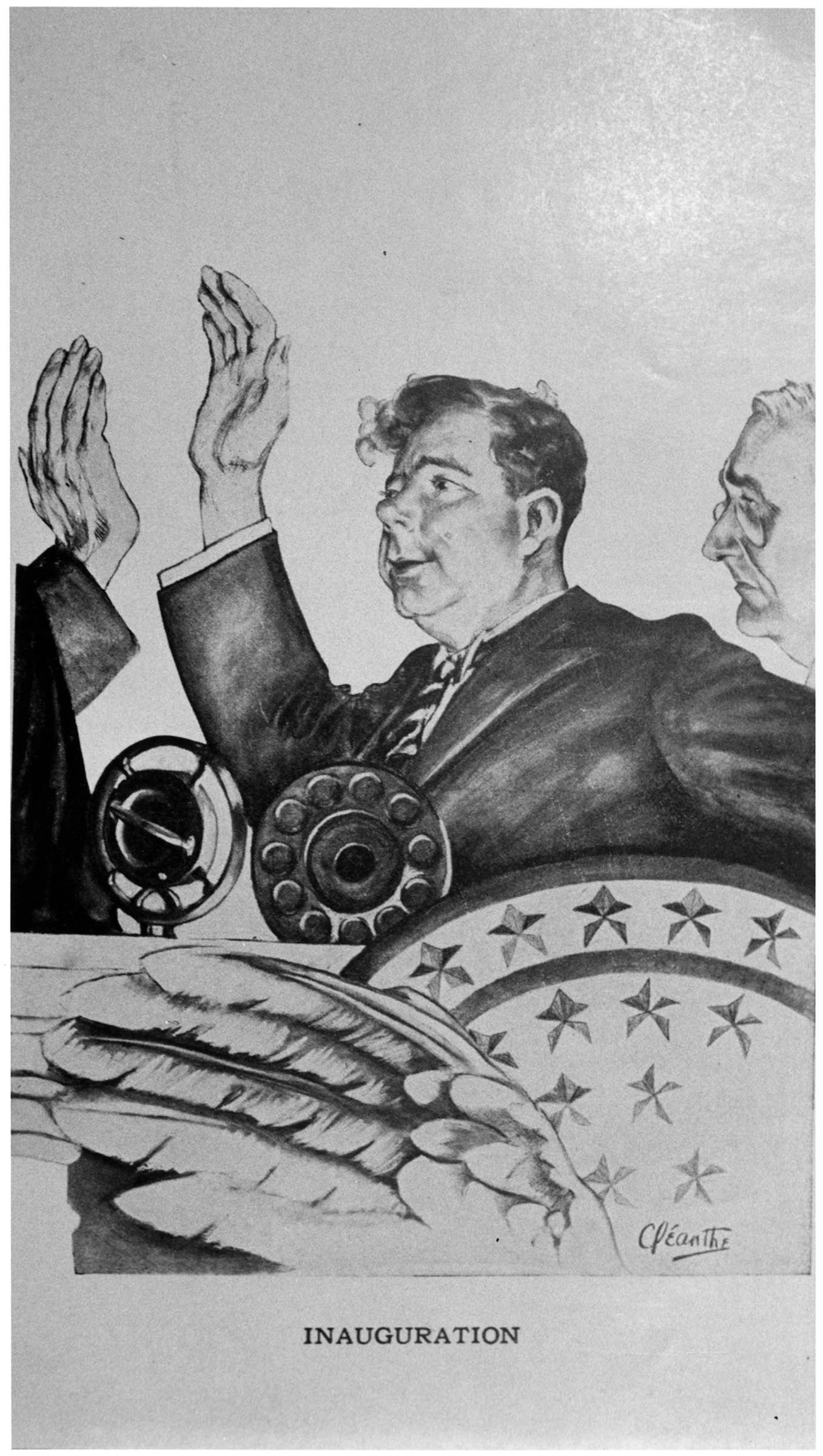 This illustration of Huey Long taking the presidential oath of office appeared in his book <em>My First Days in the White House</em>. In his fantasy presidency, Long instituted a range of social and fiscal reforms, aided by a National Share Our Wealth Committee composed of cooperative bankers and industrialists. Long also fantasized about assembling a distinguished cabinet—including Franklin Delano Roosevelt as Secretary of the Navy. The book was published in 1935, shortly after Long’s assassination.