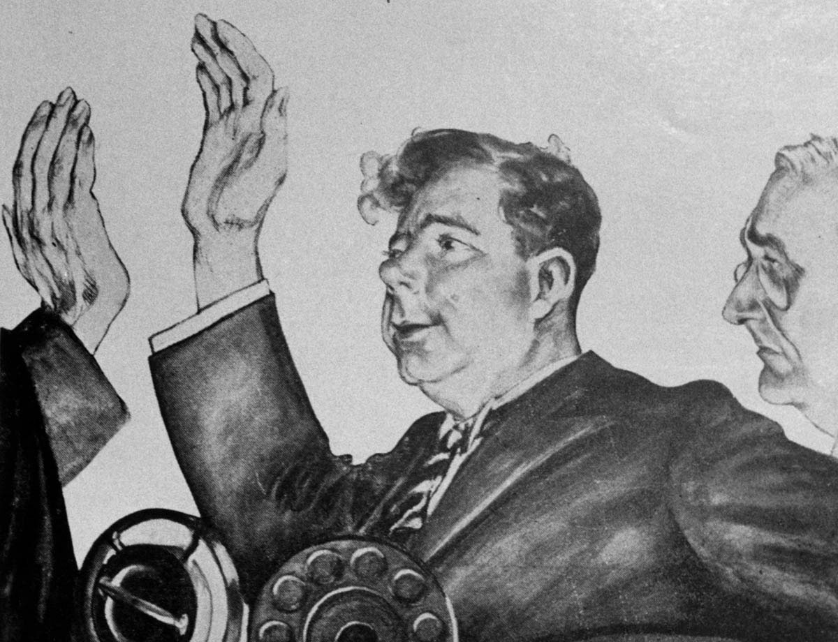 This illustration of Huey Long taking the presidential oath of office appeared in his book <em>My First Days in the White House</em>. In his fantasy presidency, Long instituted a range of social and fiscal reforms, aided by a National Share Our Wealth Committee composed of cooperative bankers and industrialists. Long also fantasized about assembling a distinguished cabinet—including Franklin Delano Roosevelt as Secretary of the Navy. The book was published in 1935, shortly after Long’s assassination.