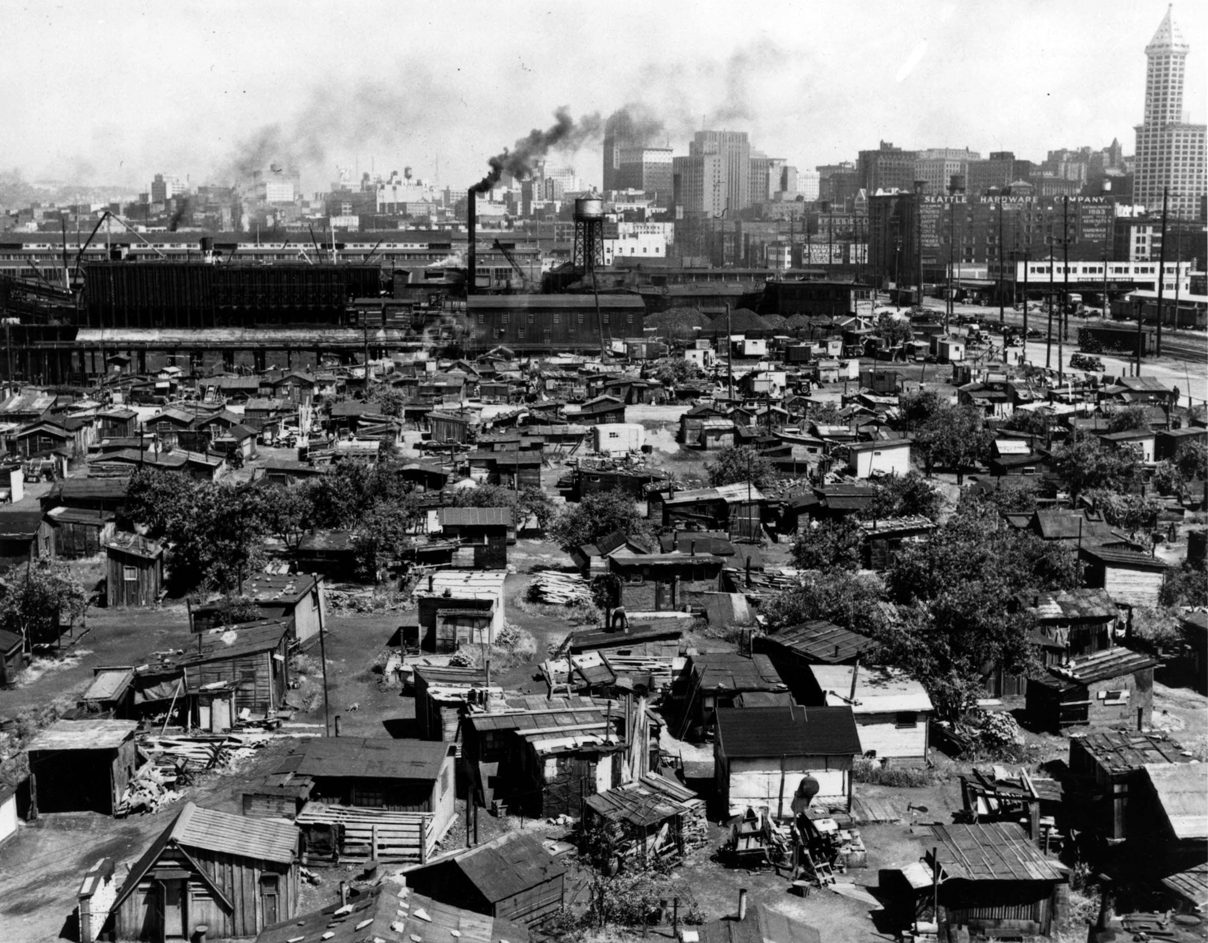 Unhoused Americans built squatter camps, such as this Seattle, Washington, settlement in 1933, and named them after President Herbert Hoover as testimony to his inadequate response to hard times.