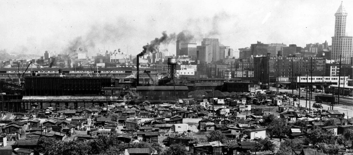 Unhoused Americans built squatter camps, such as this Seattle, Washington, settlement in 1933, and named them after President Herbert Hoover as testimony to his inadequate response to hard times.