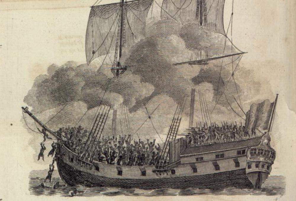 During the Middle Passage, captured Africans’ resistance to their enslavement was not uncommon, from individual acts to full-scale revolts. Faced with rebellion, and armed with superior weaponry, slave-ship crews retreated behind barricades (“barricados”) built across the deck, behind which they could fire upon desperate captives (shown in this engraving). Nonetheless, rebellions were occasionally successful, such as the 1729 takeover of the <em>Clare</em> off the African Gold Coast.