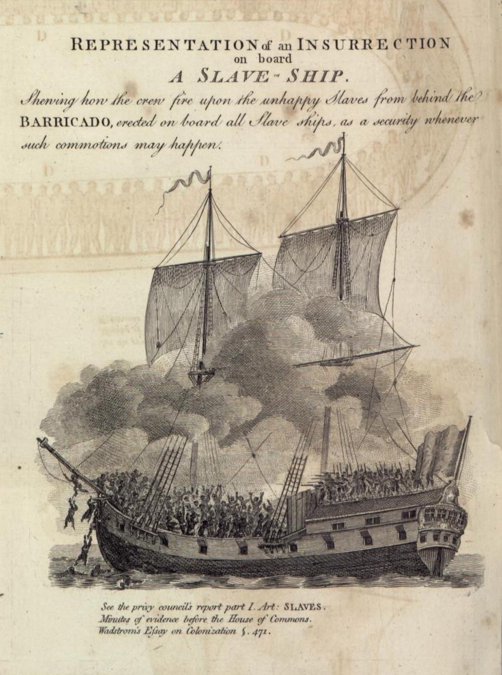 During the Middle Passage, captured Africans’ resistance to their enslavement was not uncommon, from individual acts to full-scale revolts. Faced with rebellion, and armed with superior weaponry, slave-ship crews retreated behind barricades (“barricados”) built across the deck, behind which they could fire upon desperate captives (shown in this engraving). Nonetheless, rebellions were occasionally successful, such as the 1729 takeover of the <em>Clare</em> off the African Gold Coast.