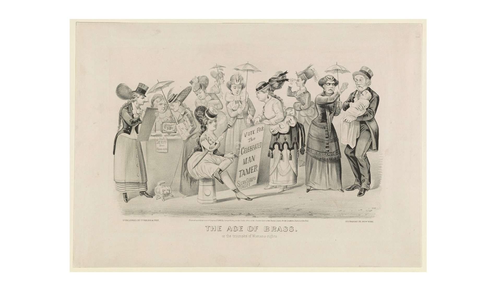 In this 1869 cartoon, women who gather to vote are represented as masculine.