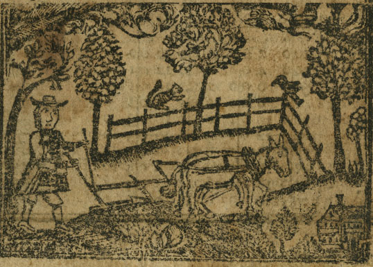 This woodcut appeared in a Pennsylvania almanac published in the mid-eighteenth century. Almanacs were among the most popular items produced by colonial publishers; they provided valuable information about the weather, along with rare visual material for the farmer’s bookshelf.