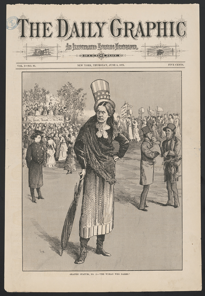 An unflattering cover cartoon in an illustrated newspaper depicted suffragist leader Susan B. Anthony reversing traditional gender roles.