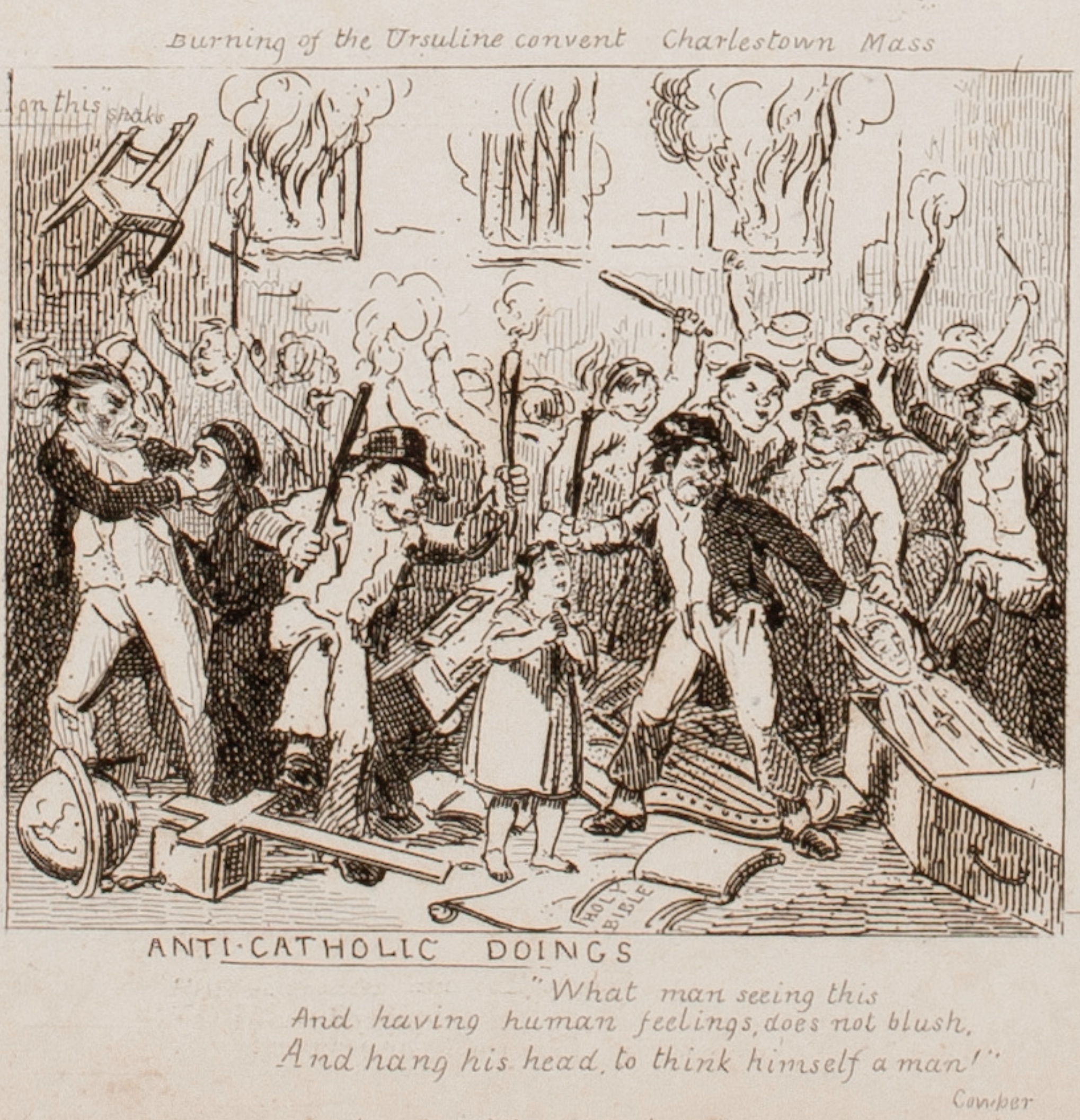 The popular political cartoonist David Claypoole Johnston, who converted to Catholicism, condemned the nativist rioters who burned down the Ursuline Convent in Charlestown, Massachusetts, on August 11, 1834.