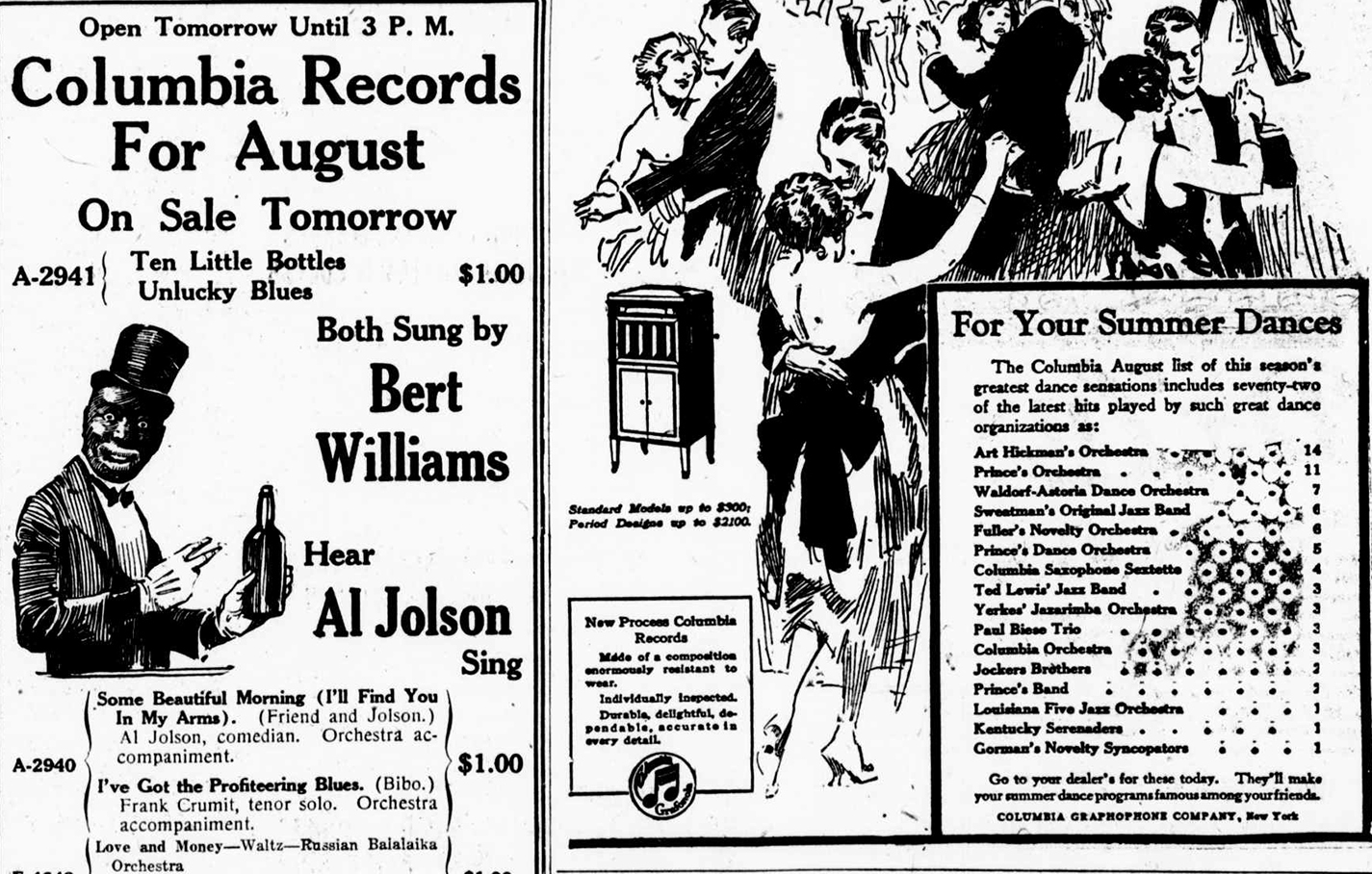 <em>Record companies understood that Bert Williams was popular with white audiences and took out advertisements for his recordings in newspapers that served predominately white readers. But these ads rarely presented him as a dignified performer, as in this 1920 example from the </em>Washington Times.<em> The use of such racist caricatures of Williams was in sharp contrast to other recording ads on the same page.</em>