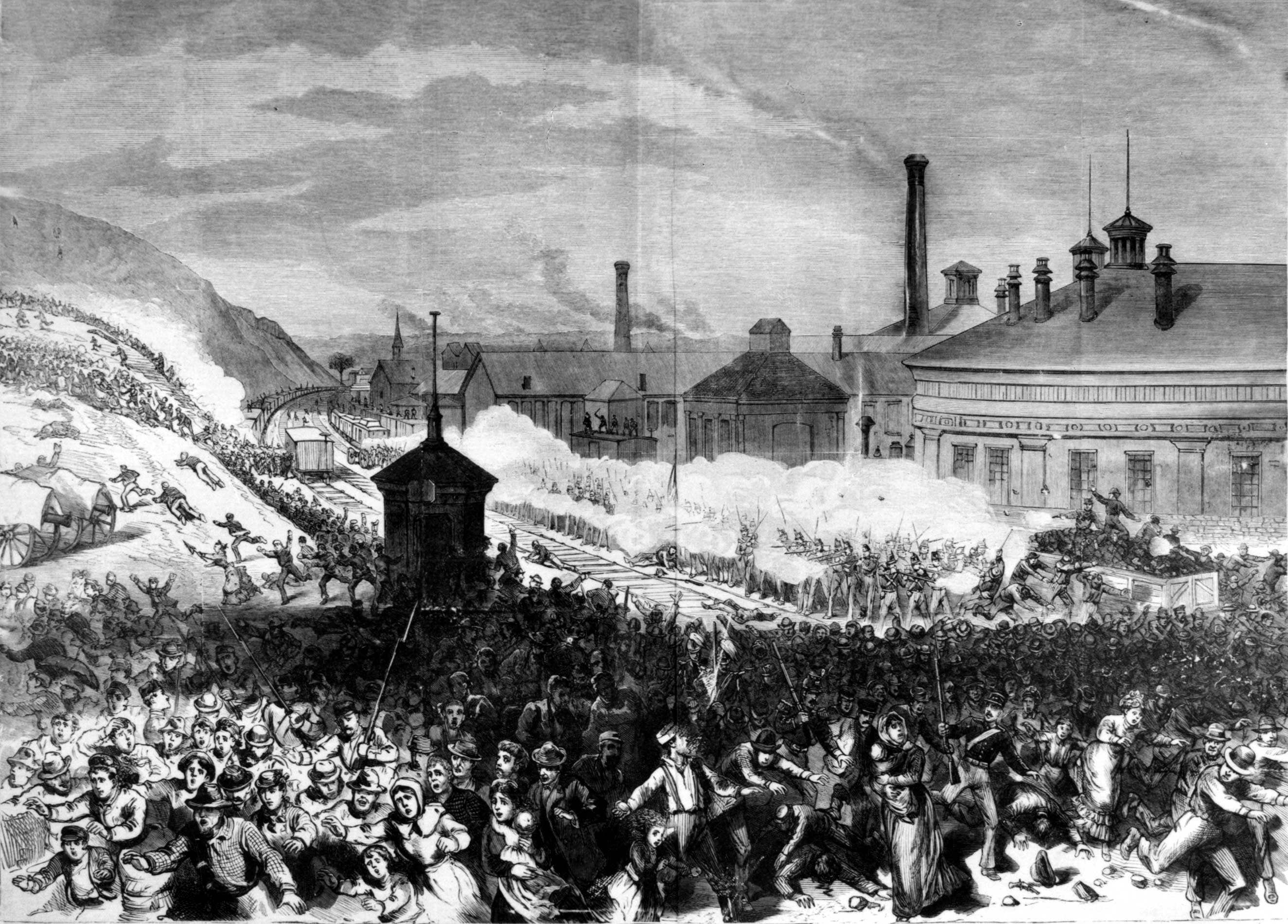 &nbsp;

"Pennsylvania—The Railroad Riot.&nbsp;Pittsburgh—The Philadelphia Militia Firing On The Mob At The Twenty-Eighth Street Crossing Near The Union Depot Of The Pennsylvania Railroad, On Saturday Afternoon July 21st. From a sketch by John Donaghy," <em>Frank Leslie's Illustrated Newspaper</em>, August 4, 1877.