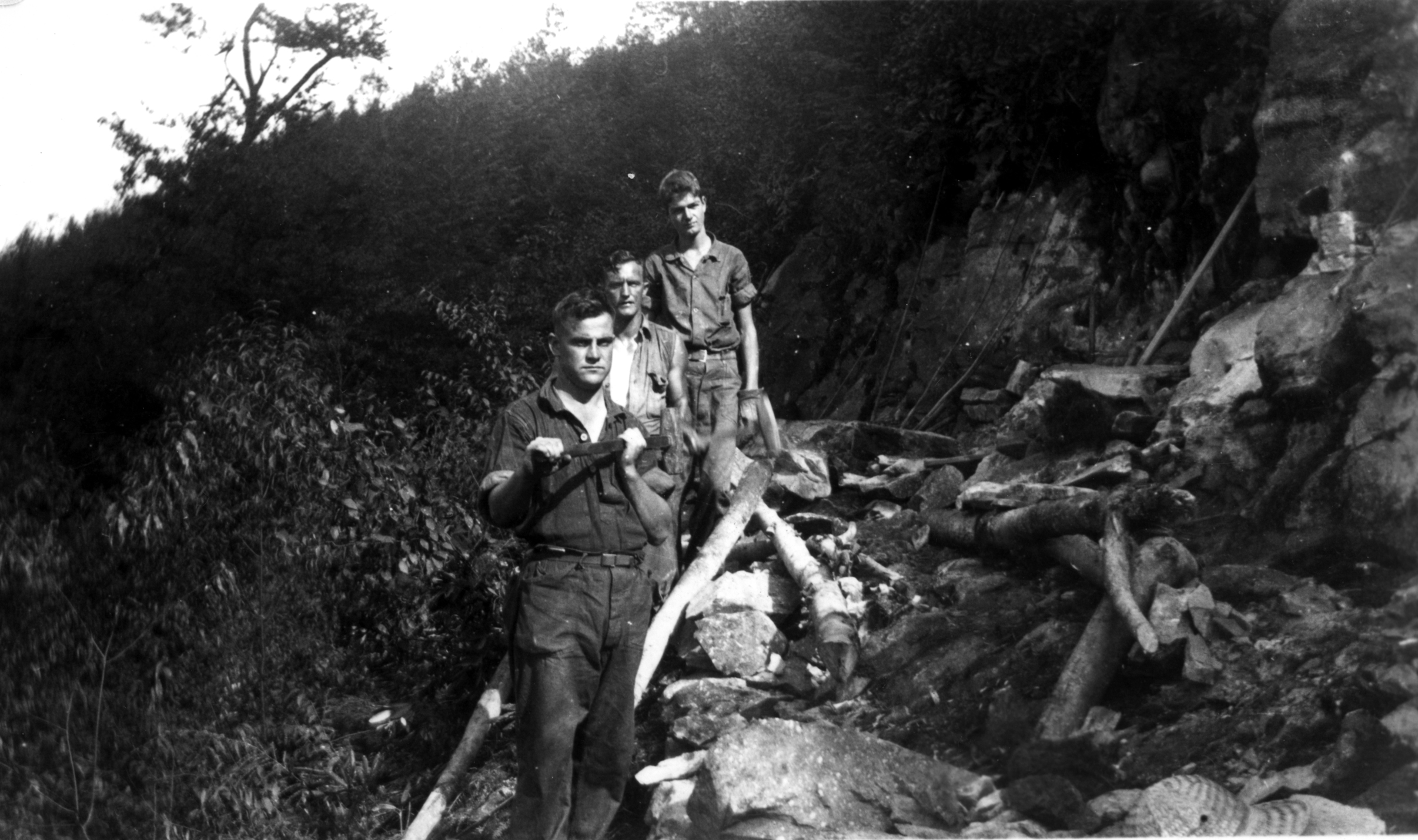 <em>From 1933 to 1942, three million CCC workers altered natural landscapes for use by Americans. Nationally, CCC crews cleared thirteen thousand miles of hiking trails, built forty-six thousand bridges for vehicles, and stocked America’s rivers with over one million fish while creating eight hundred new state parks. This photograph shows young CCC workers blazing what would become the Miry Ridge Trail, which allowed visitors to more directly experience the CCC-enhanced beauty of Great Smoky Mountains National Park.</em>