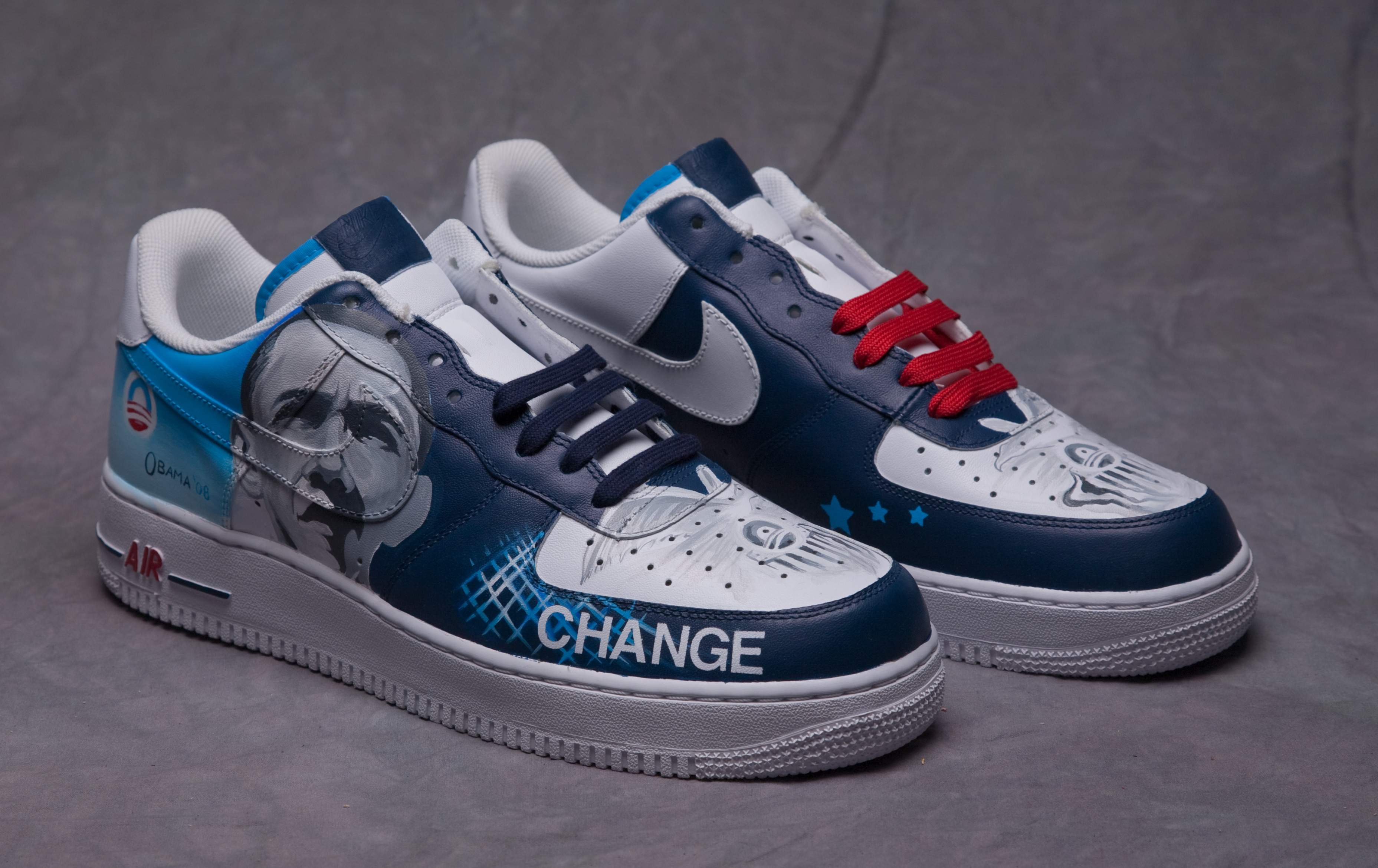 Unlike any other recent presidential contest, the Obama campaign tapped into U.S. popular culture and generated enthusiastic expressions in a range of commercial memorabilia. The Cleveland African American artist Van Monroe’s “Obama 08,” a pair of hand-painted Nike sneakers featuring the candidate’s face and “Yes We Can” campaign slogan, went viral after he posted photographs on the MySpace social networking platform. Other customized sneakers, commissioned by celebrities, followed, and “Obama 08” is now housed in the National Museum of African American History and Culture.