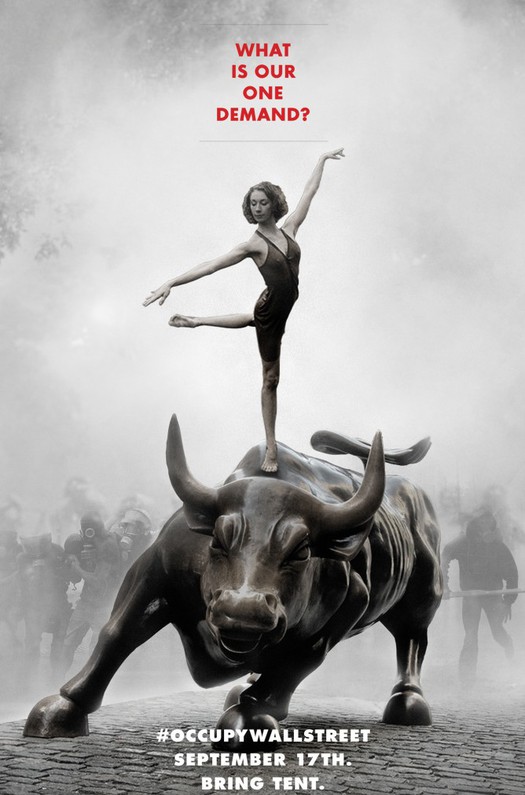 In the summer of 2011, <em>Adbusters</em>, a small Canadian anti-advertising graphic design magazine, proposed a September 17 “occupation” of Wall Street to protest wealth inequality. The call to action included a poster showing in the foreground a ballerina posed in the “arabesque” ballet position atop the <em>Charging Bull</em> sculpture installed in the heart of Manhattan’s financial district, while in the hazy background gas-masked demonstrators charged forward. “WHAT IS OUR ONE DEMAND?” appeared above the dancer’s head, and beneath the bull, “#OCCUPYWALLSTREET / SEPTEMBER 17TH. / BRING TENT.” But it was the hashtag, not the somewhat obscure image, that became the slogan and meme by which the protests in New York and around the world would be identified—along with the chant “We Are the 99%” and the goateed, white-face mask of the seventeenth-century British dissident Guy Fawkes, derived from a popular graphic novel and 2006 futuristic film.