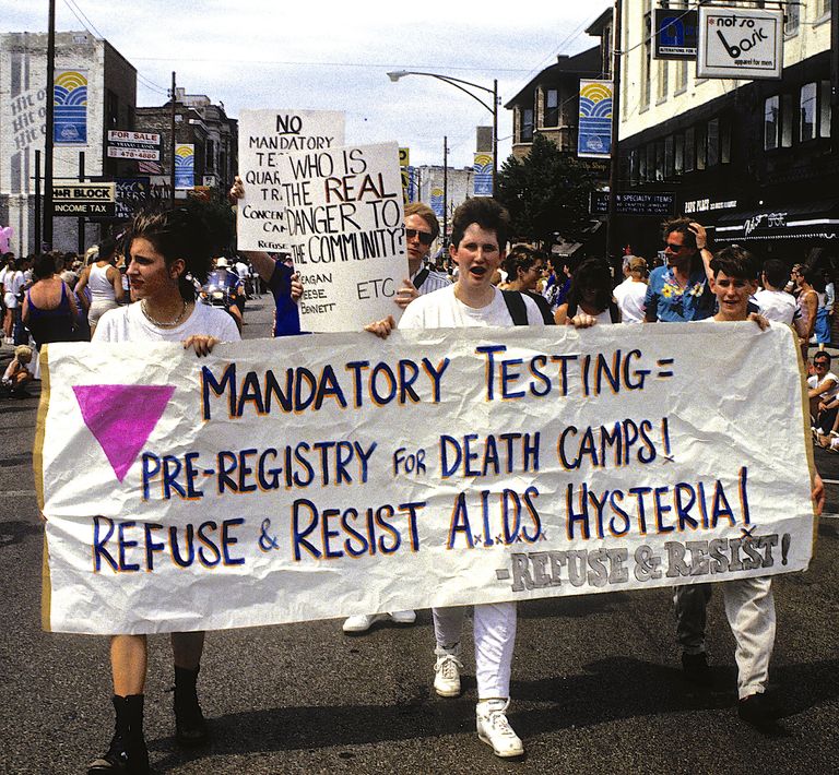 AIDS activists marching in a Chicago Pride Parade, June 1987. 