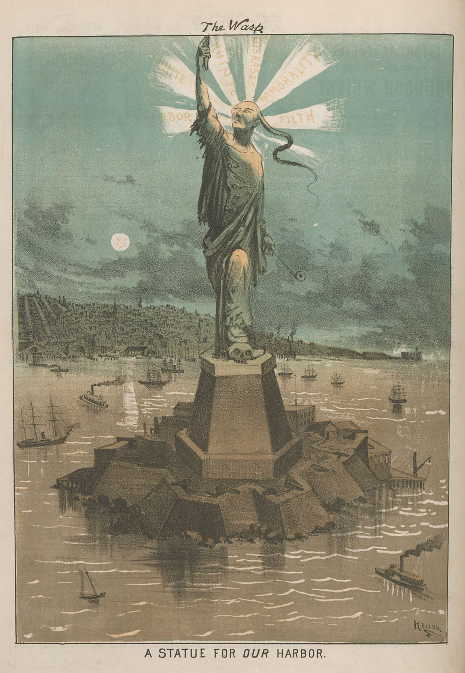 This drawing by George Frederick Keppler was published in The Wasp, a San Francisco magazine in 1881, a few years before construction on the Statue of Liberty in the New York Harbor had been completed.&nbsp; The stereotyped image portrays a Chinese man holding an opium pipe and emanating rays labeled “filth,” “immorality,” “diseases,” and “ruin to white labor.”