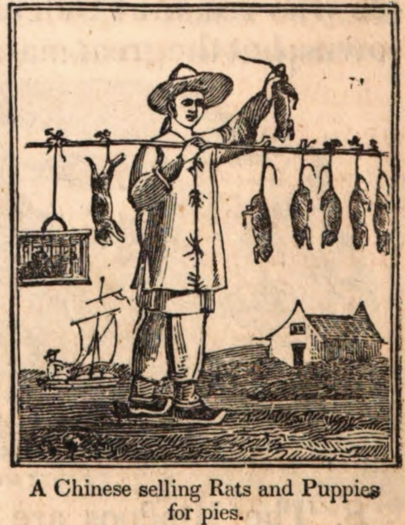 <em>Writing under the pseudonym Peter Parley, Samuel Griswold Goodrich penned a series of popular children’s textbooks that educated America’s youth about places and cultures around the world. </em>Peter Parley’s Method of Telling About Geography for Children<em> (1830) included a woodcut print of a Chinese man peddling rats, with the caption, “Chinese selling Rats and Puppies for pies.” In </em>The Second Book of History<em> (1832), Goodrich added an overly simple explanation: “In many parts China is so thickly settled, that nothing which will support life is thrown away.” Teaching school-age children that Chinese commonly ate rats, these textbooks influenced readers’ attitudes toward Chinese food.