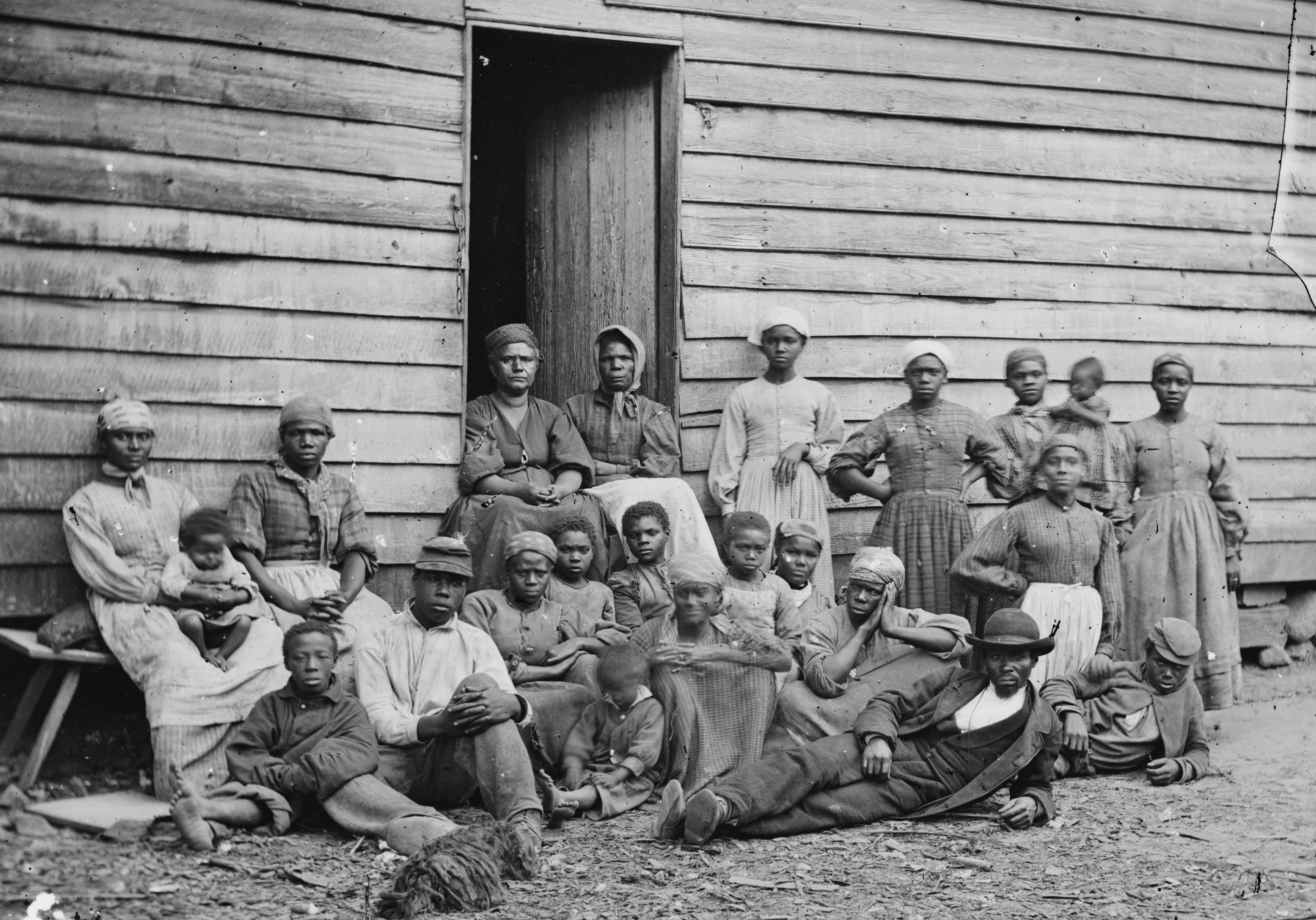 Union photographer James F. Gibson took this picture of a group of enslaved African Americans who fled to Union army lines in May 1862.