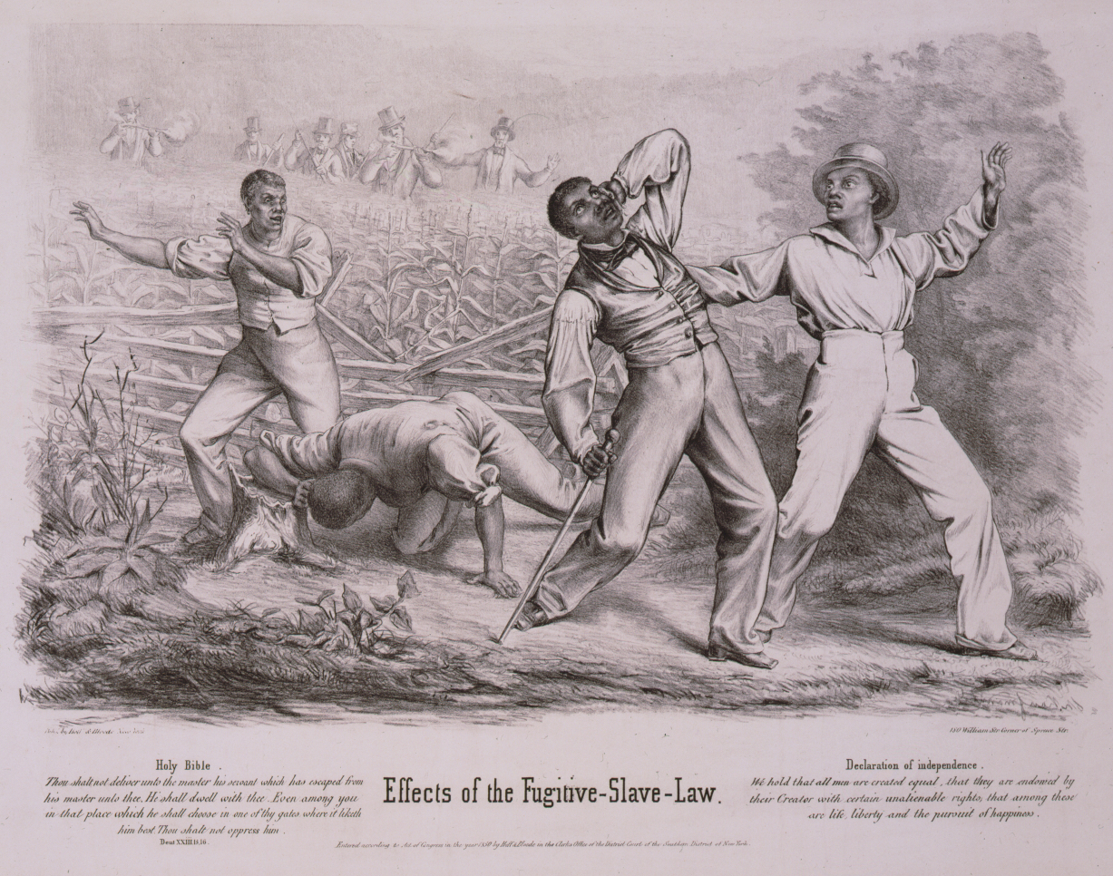 <em>This print, published in the fall of 1850, shows a group of four Black men, possibly freedmen, ambushed by a posse of six armed whites in a cornfield. One of the white men fires on them, while two of his companions reload their muskets. Two of the Blacks have evidently been hit; one has fallen to the ground while the second staggers, clutching the back of his bleeding head. The two others react with horror. Below the picture are two texts, one from Deuteronomy in the Bible: “Thou shalt not deliver unto the master his servant which has escaped from his master unto thee. He shall dwell with thee. Even among you in that place which he shall choose in one of thy gates where it liketh him best. Thou shalt not oppress him.” The second text is from the Declaration of Independence: “We hold that all men are created equal, that they are endowed by their Creator with certain unalienable rights, that among these are life, liberty and the pursuit of happiness.” </em>