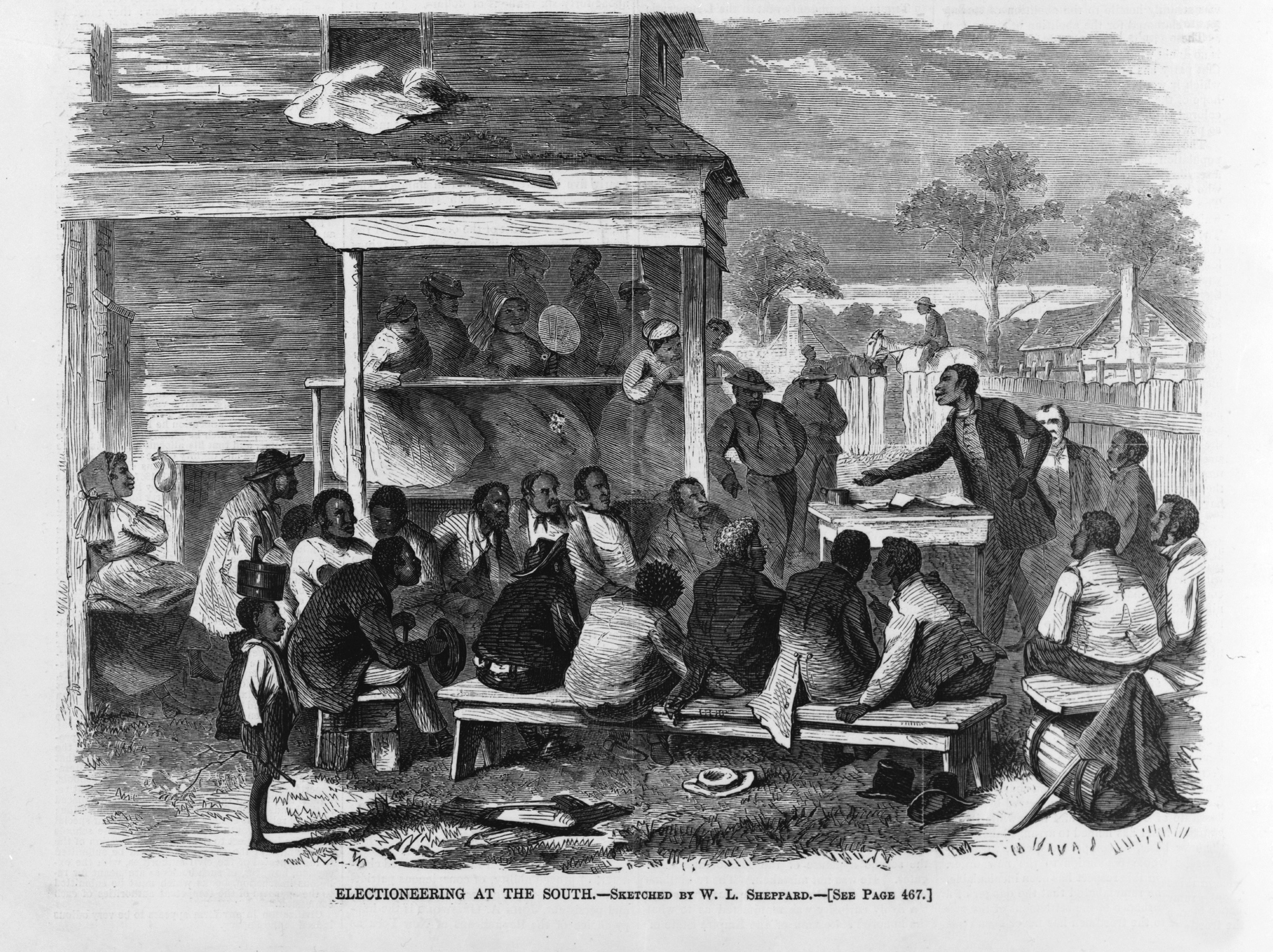 While the 15th amendment to the U.S. Constitution guaranteed the right to vote to all citizens (defined then as men) “regardless of race, color, or previous condition of servitude,” Black women were still active participants in political life. Frequently at the center of African American family and community networks, women debated issues, helped with voter mobilization, and ensured Republican party discipline among the men in their lives. This illustration from the national magazine Harper’s Weekly shows Black women as attentive participants at the kind of political meeting that was a frequent and critical part of developing Black political culture during Reconstruction; they also accompanied men to polling places on election day as a show of community solidarity in the face of efforts to intimidate Black voters.