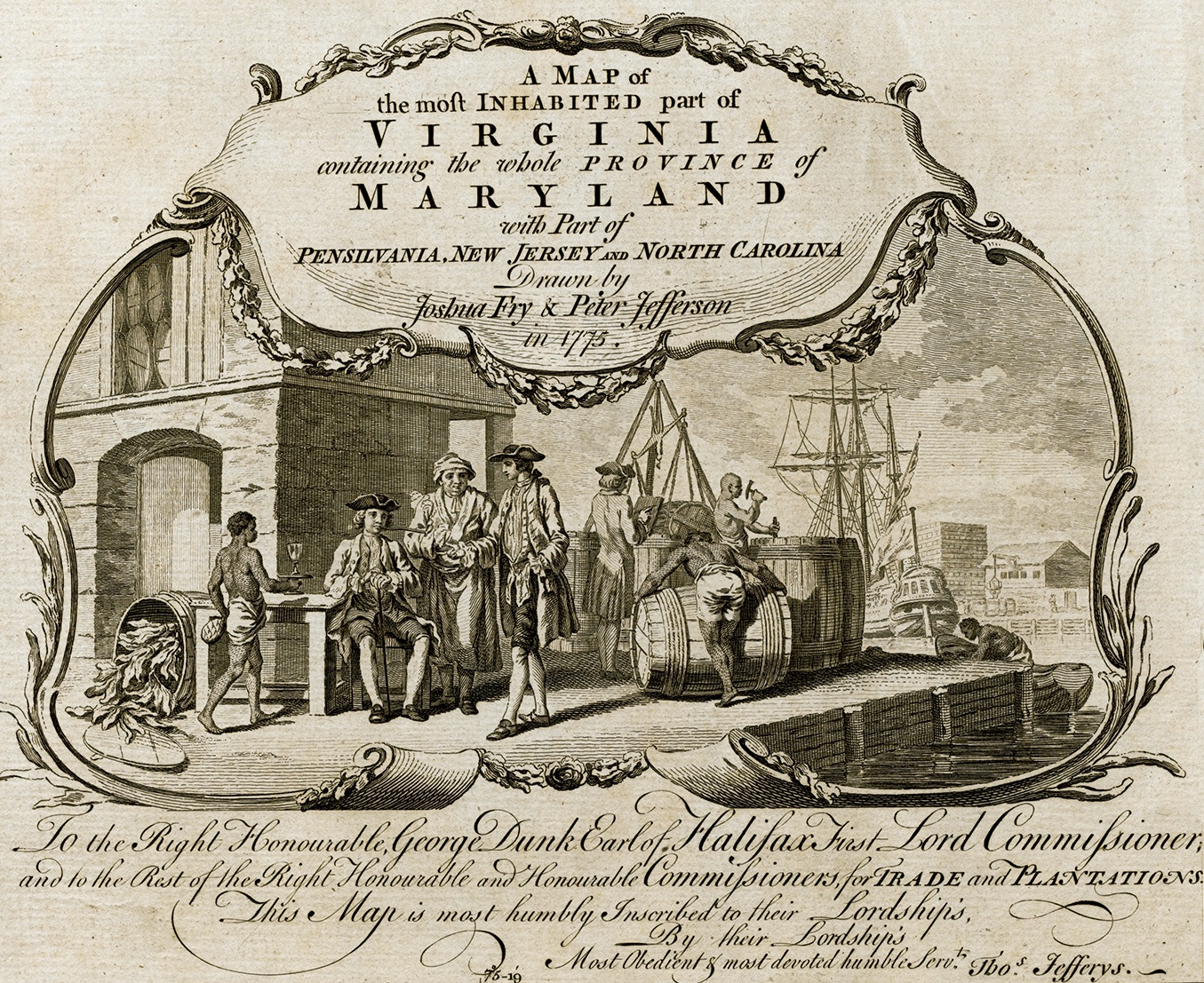 A detail from a map published in 1775 shows enslaved men packing tobacco in barrels on a Virginia wharf for shipment abroad.