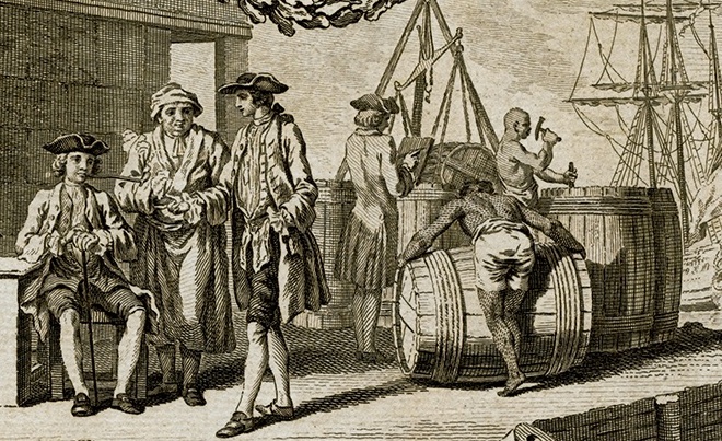 A detail from a map published in 1775 shows enslaved men packing tobacco in barrels on a Virginia wharf for shipment abroad.