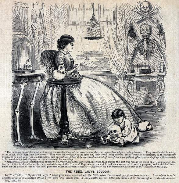 This 1862 cartoon was directed at the female virtue, gentility, and grace that white southern society professed as its ideal. Decorated and furnished with the remains of Union soldiers, the gruesome scene represented southern womens’ ardor for the Confederate cause as a savage betrayal of their domestic and moral duty.