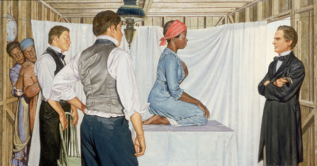 <em>This painting depicts the work of Dr. James Marion Sims and his colleagues. In the nineteenth century, Sims, a white doctor from Alabama, performed dozens of experimental gynecological surgeries on enslaved women without anesthesia. Sims also compelled enslaved women to assist him in his medical experimentation as well as serve as subjects of the experiments. The painting is the only known representation of Lucy, Anarcha, and Betsey, three enslaved women whom Sims operated on. The imagined scene suggested Sims’s prestige as the “father of gynecology” and a future president of the American Medical Association; but it ignores the terror experienced by Lucy, the enslaved woman seated in the center. The image was painted in the 1950s by American artist Robert Thom, as part of a series dedicated to “Great Moments in Medicine.”</em>