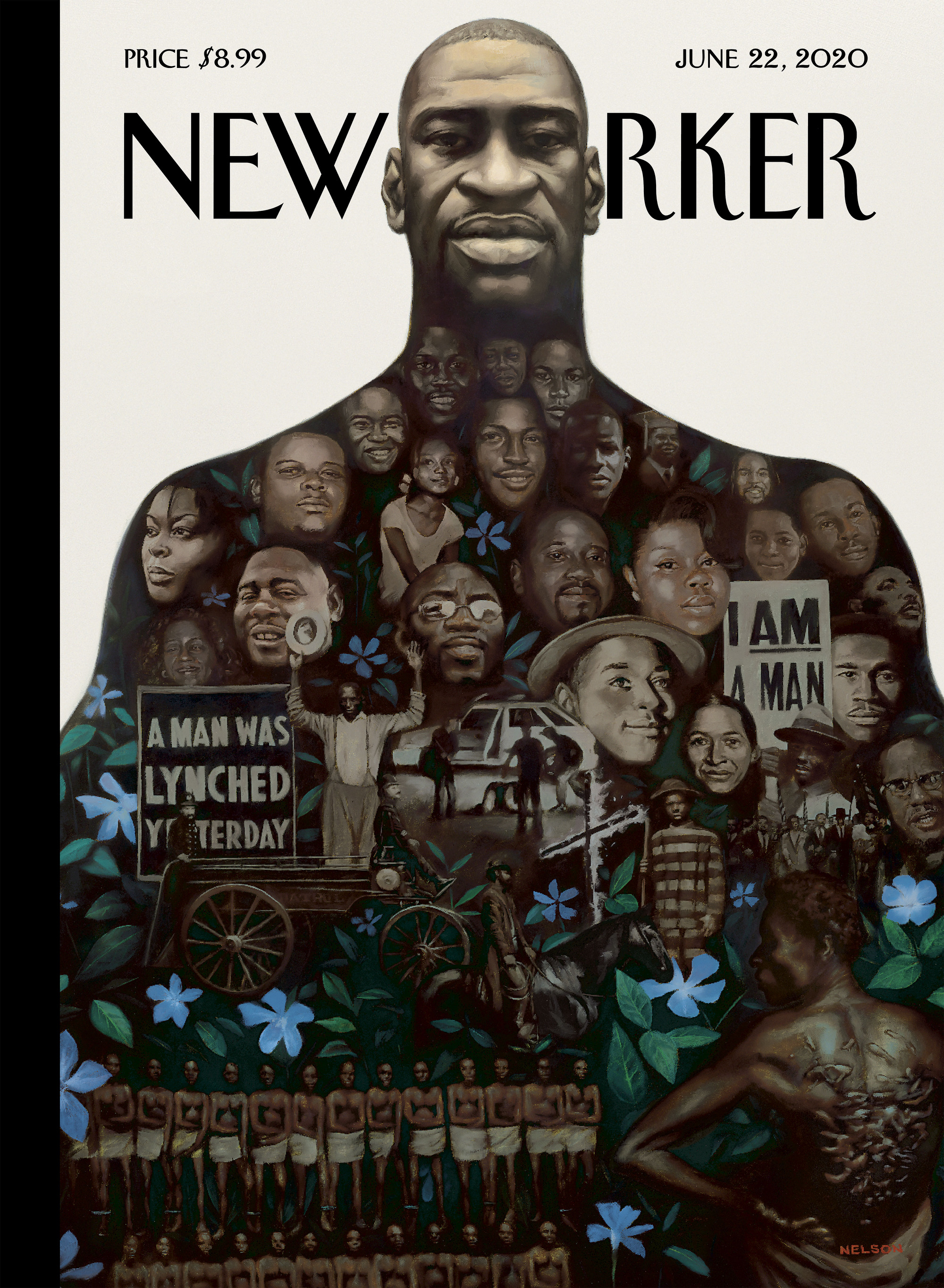 The essence of the Black Lives Matter movement was captured by Kadir Nelson, whose painting appeared on the cover of <em>The New Yorker</em> magazine following the police murder of George Floyd in Minneapolis. “[I]t’s a memorial of sorts, and a history lesson of . . . violence against African Americans,” the painter later commented. “So, George Floyd is front and center. And within the shadow of his body is this long history . . . beginning with . . . African slaves . . . at the bottom of the image. And we roll all the way through . . . [an] overseer on the horseback, the police on the paddy wagon, all the way up to Rodney King. And then, of course, you see all the victims who we have become very familiar with as of late at the very top of the image . . . [I]t’s a very dark portrait, and it is given, I think, a bit more soul and spirit and reverence by the blue periwinkle flowers that are sprinkled throughout the composition . . . [T]he burials of . . . enslaved African American people were marked by this flower.”