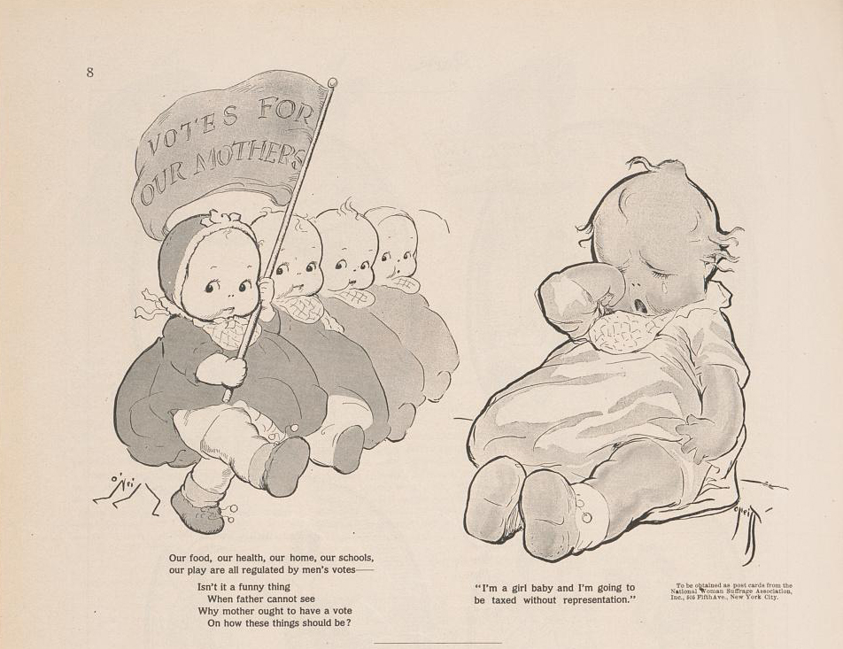 Cartoonist Rose O’Neill’s popular Kewpie Doll characters endorse woman suffrage.