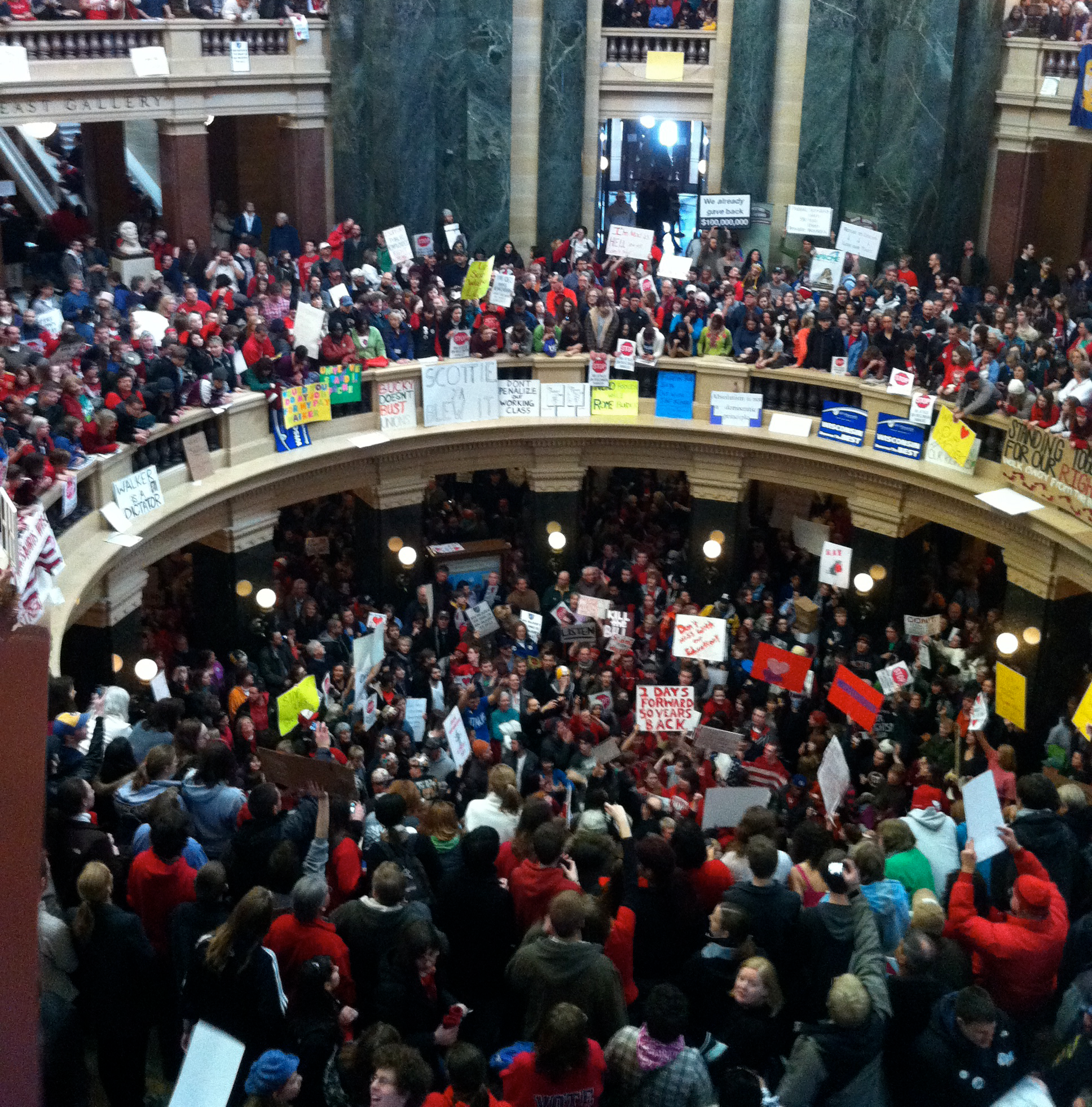 In 1959, Wisconsin became the first state to recognize public employee unions. In 2011, shortly after he took office, Republican governor Scott Walker proposed the deceptively titled Wisconsin Budget Repair Bill. Among its provisions, the bill targeted collective bargaining for almost all of Wisconsin’s public workers, framing the measure as a way to solve the state’s budget deficit. Beginning February 15, tens of thousands of public workers, along with other trade unionists and sympathetic professionals and students, amassed in and around the Wisconsin State Capitol in Madison. As demonstrations supporting public workers spread around the state, the number of protesters at the Capitol increased over the rest of the week, reaching seventy thousand. The fight in Wisconsin garnered coverage and sympathy all over the country, but in March, despite intensive opposition by minority Democratic legislators, the bill was passed.