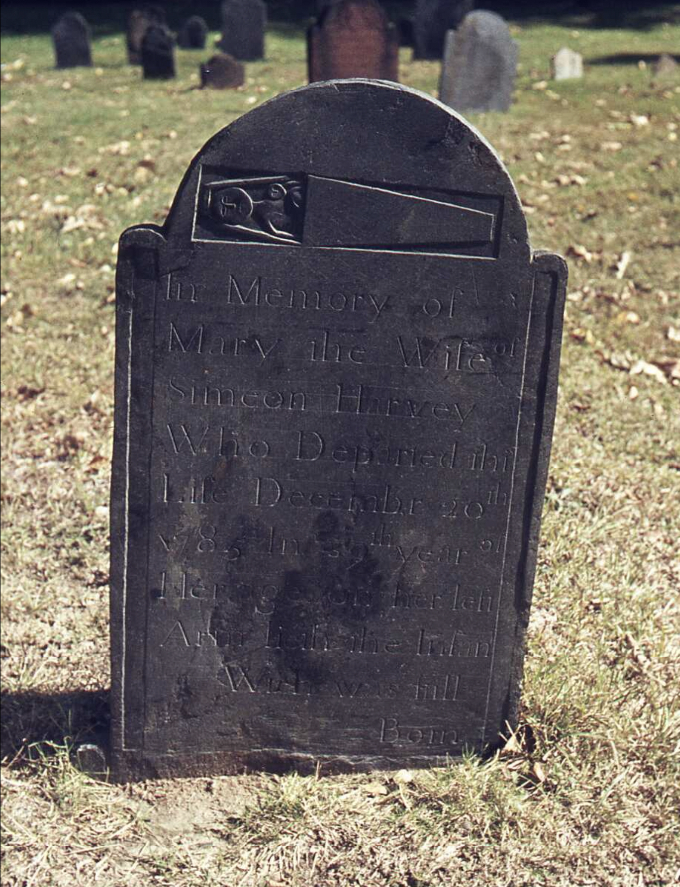 This gravestone marks the death of Mary Simeon of Deerfield, Massachusetts. The stone reads: “In memory of Mary, the wife of Simeon Harvey Who Departed This Life December 20 1785, in the 39th year of Her age, on her left Arm lieth the Infant Which was still born.”