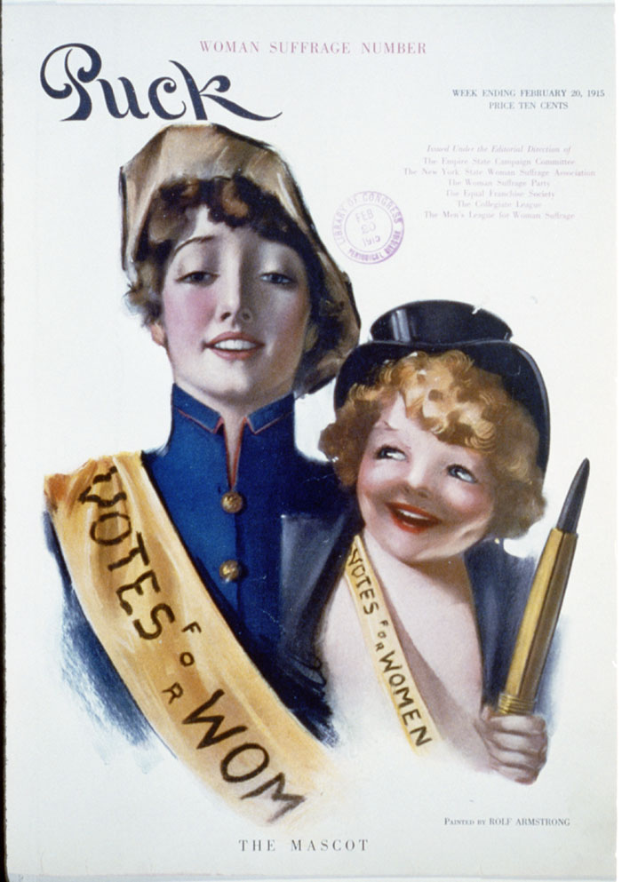 The cover of the humor magazine <em>Puck</em> announces its endorsement of woman suffrage.