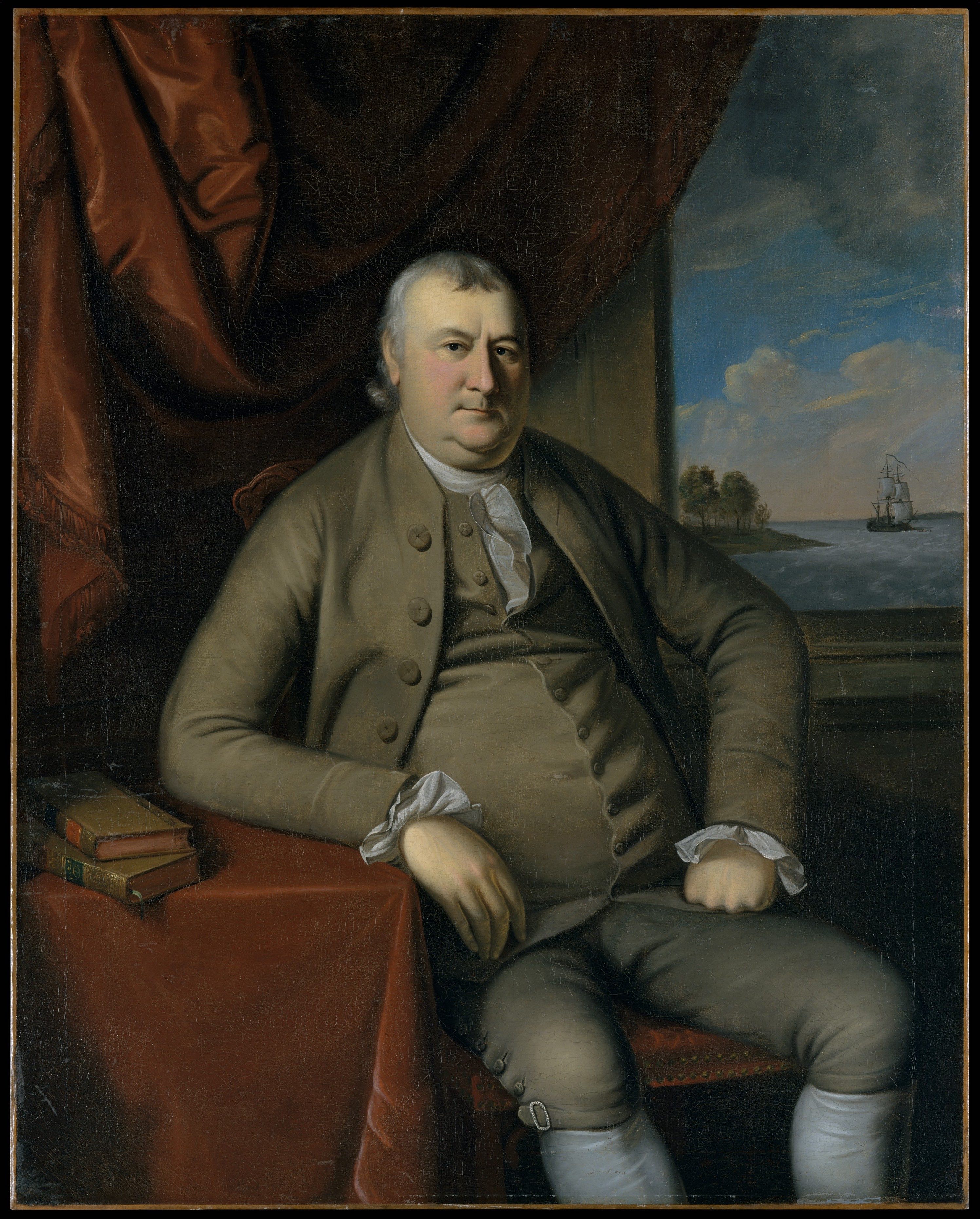 Other merchants, such as Samuel Mifflin in this 1780&nbsp;painting attributed to Charles Wilson Peale, preferred to emphasize the source of their wealth: the trading vessel&nbsp;glimpsed through the window in the portrait.