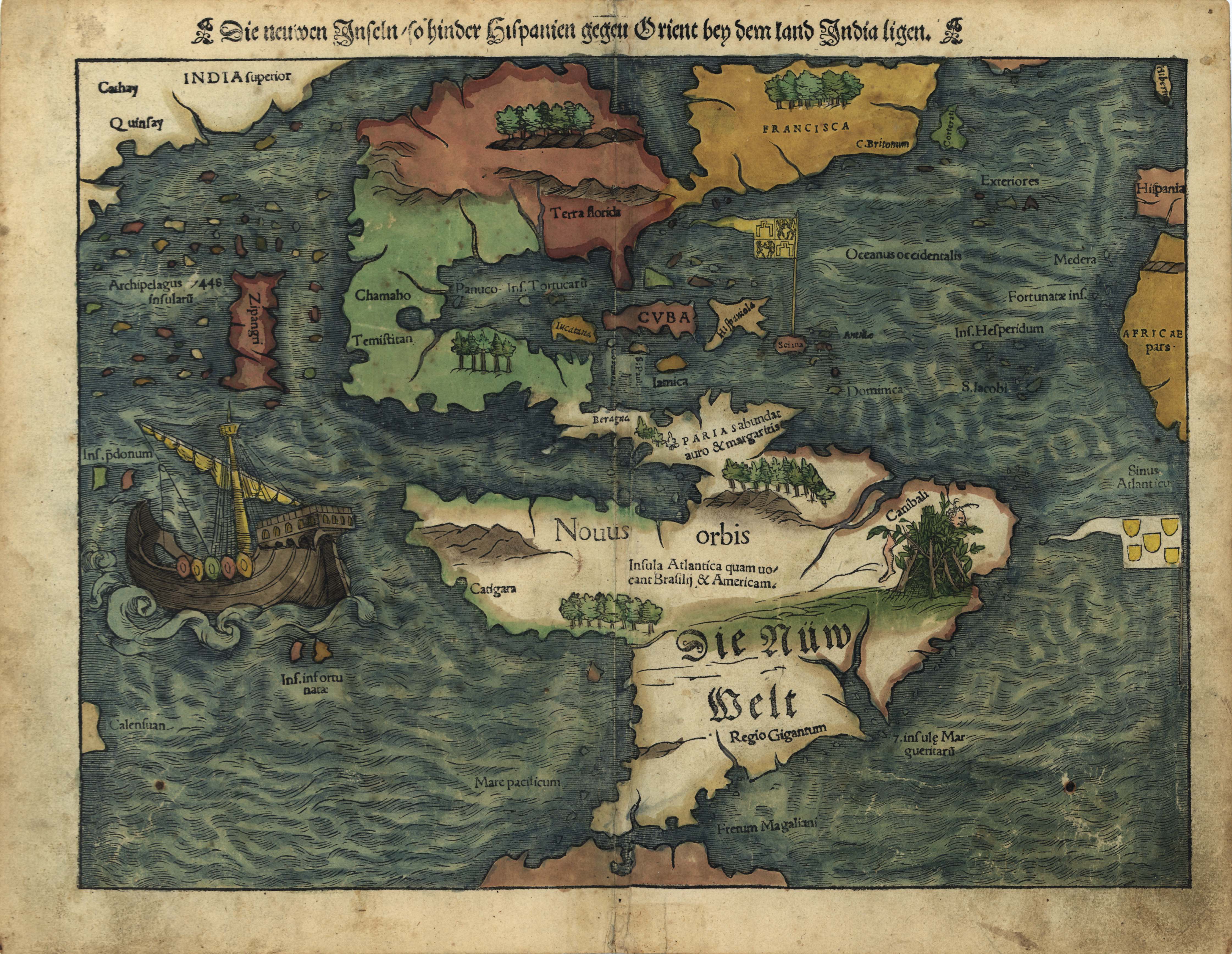 Sebastian Munster’s image of America—the first printed map of the western hemisphere—circulated widely in the sixteenth century as part of his <em>Universal Geography</em>. A professor of Hebrew at the University of Basel, Munster drew this map to record the latest knowledge brought back by the European voyages to the “New World.” The narrow spit of land in the middle of North America reflects the contemporary hope that a route to Asia lay somewhere in the lands of the western hemisphere.