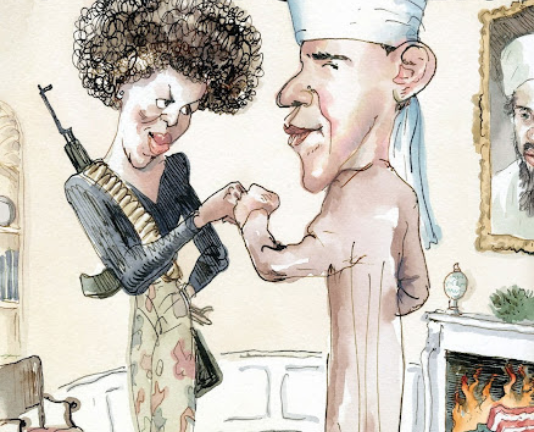 The July 4, 2008, cover of the venerable magazine <em>The New Yorker</em> portrayed Democratic presidential contender Barack Obama and his wife, Michelle Obama, standing in the Oval Office. But the illustration’s prospective first couple were dressed, respectively, as a devout Muslim and armed militant, while a portrait of al-Qaeda leader Osama bin Laden loomed above a fireplace in which an American flag burned. Illustrator Barry Blitt’s provocative image was intended as a satirical comment on false conspiratorial charges swirling on the internet about the candidate’s secret Muslim roots and his wife’s anti-white sentiments. However, that message was missed by many viewers, especially Democrats, who saw the cover as reinforcing the false claims. Because the illustration was not accompanied by any explanation, some critics argued, its meaning was at best confusing.