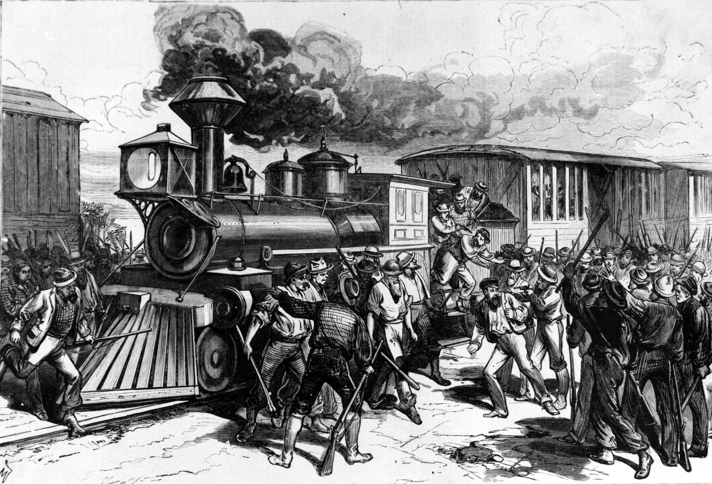 A contemporary illustrated newsweekly, <em>Frank Leslie’s Illustrated Newspaper</em>, depicts striking railroad workers stopping trains in Martinsburg, West Virginia, on Tuesday, July 17, 1877.