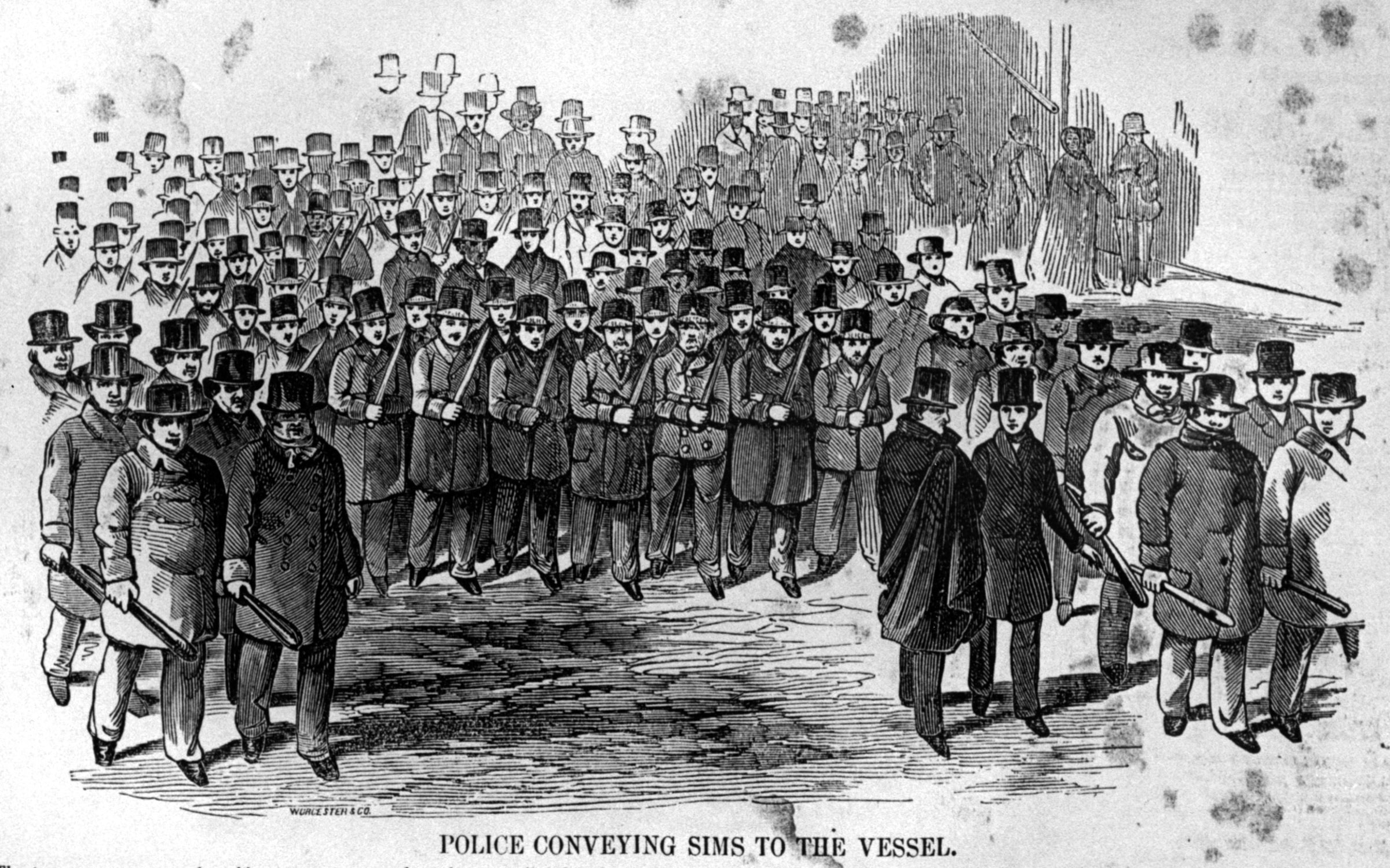 Thomas Sims escaped slavery in Georgia, but in April 1851, he was arrested in Boston and, under the Fugitive Slave Law, returned to his enslaver. The city’s abolitionist movement agitated for his release, and large crowds surrounded the courthouse where Sims was incarcerated. But these efforts, which included plans to forcibly free the prisoner, did not succeed. This picture from a Boston illustrated weekly shows how Sims was conducted by 300 armed police and U.S. marshals to a Navy ship that carried him back to slavery. On his return south, Sims was sold to a new planter in Mississippi. He escaped again in 1863.