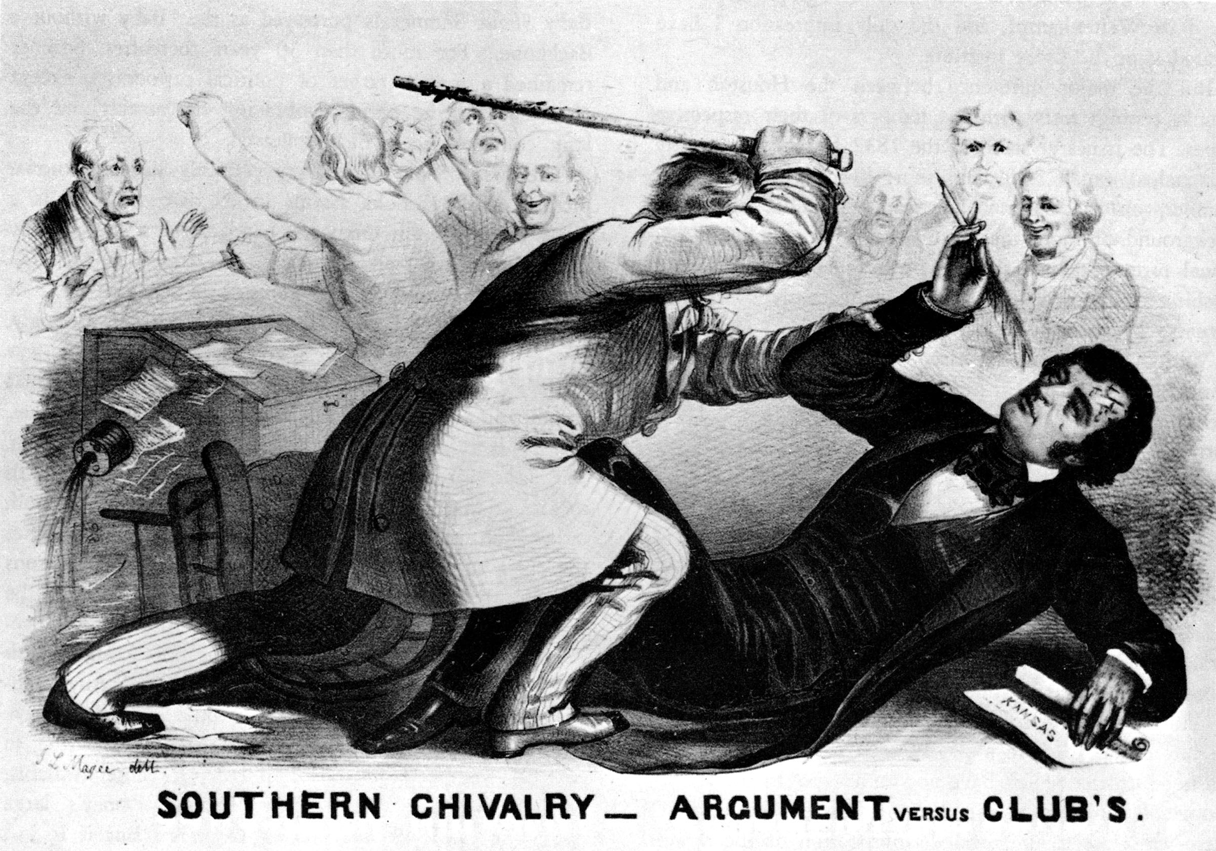 A contemporary print denounced South Carolina congressman Preston S. Brooks’s assault on Massachusetts senator Charles Sumner on May 12, 1856. In Southern media, however, Brooks was celebrated as a hero for resisting Northern insults.