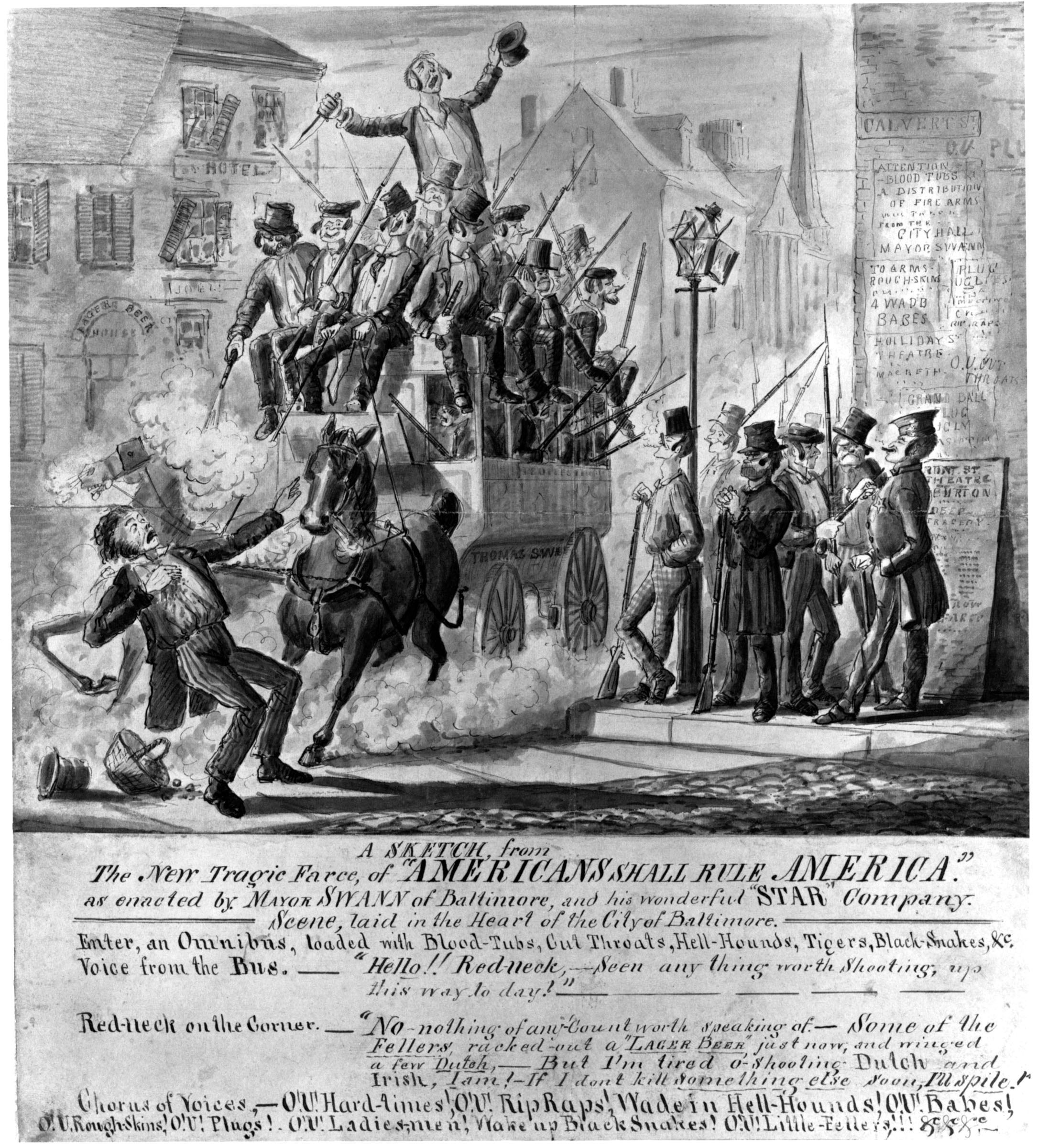 An 1856 drawing commented on Know-Nothing violence in Baltimore. The scene was populated by members of nativist gangs with names such as “Blood-Tubs,” “Cut-Throats,” and “Plug-Uglies.”