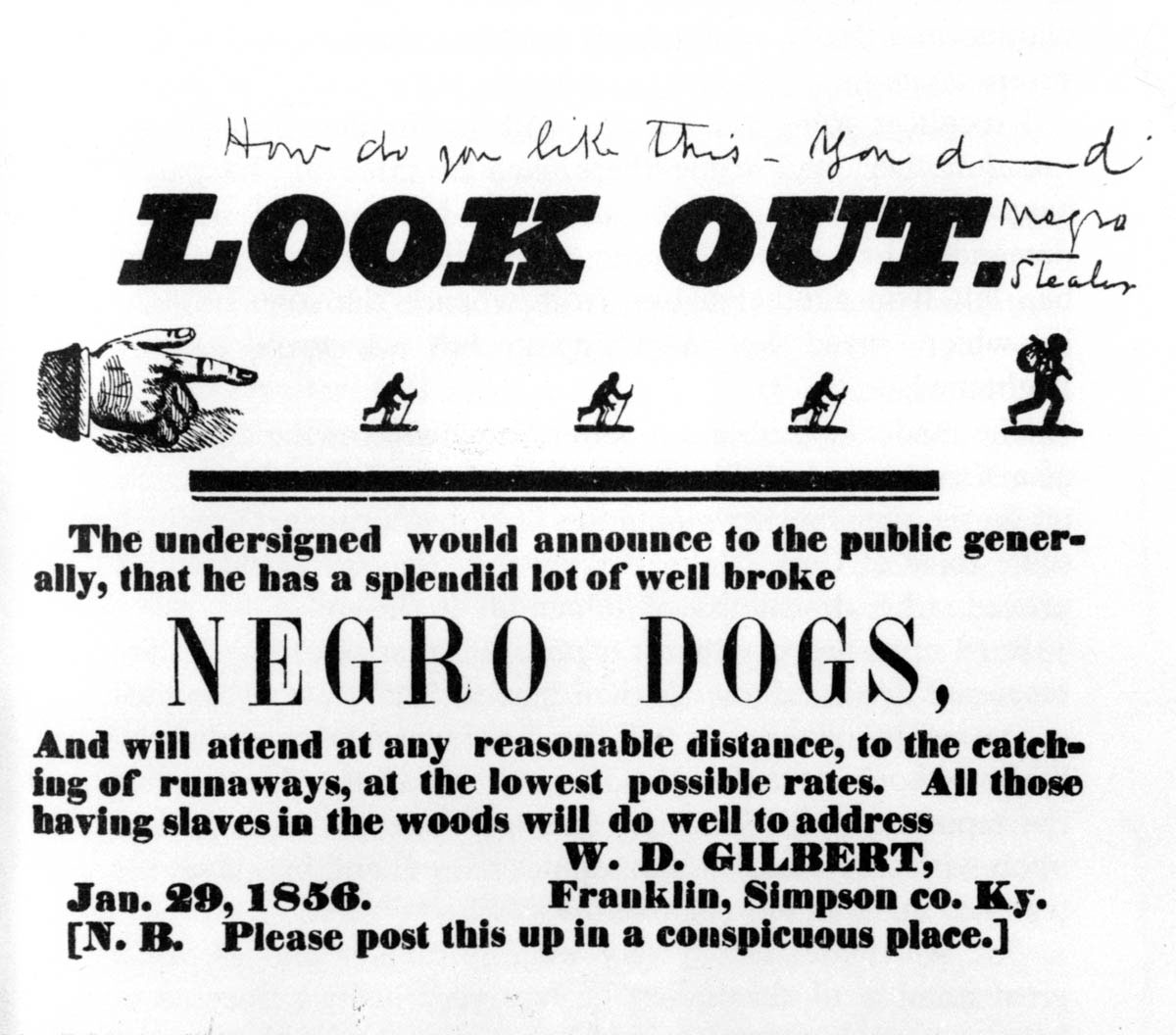 Whether attempting to escape or simply traveling at night to visit friends or family in neighboring plantations, enslaved people were threatened by "slave patrols." These squads, often including non-enslavers who were required to serve under state law, were notorious for their brutality. Most feared were the dogs that the “pattyrollers” used to track down African Americans seeking freedom. This 1856 advertisement promoted the sale of dogs trained expressly to hunt human beings.