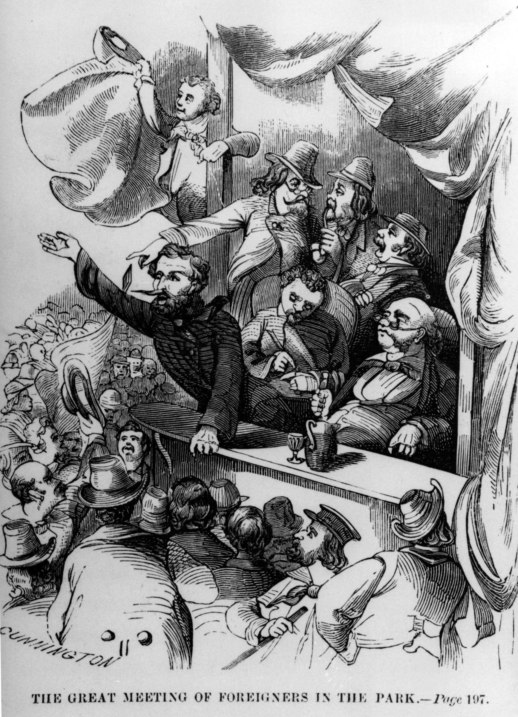 An illustration from an 1855 nativist tract depicted a labor demonstration in New York’s City Hall Park demanding relief for the unemployed during the 1854–1855 depression. This wood engraving was one of the few images of organized working-class action published before the Civil War.