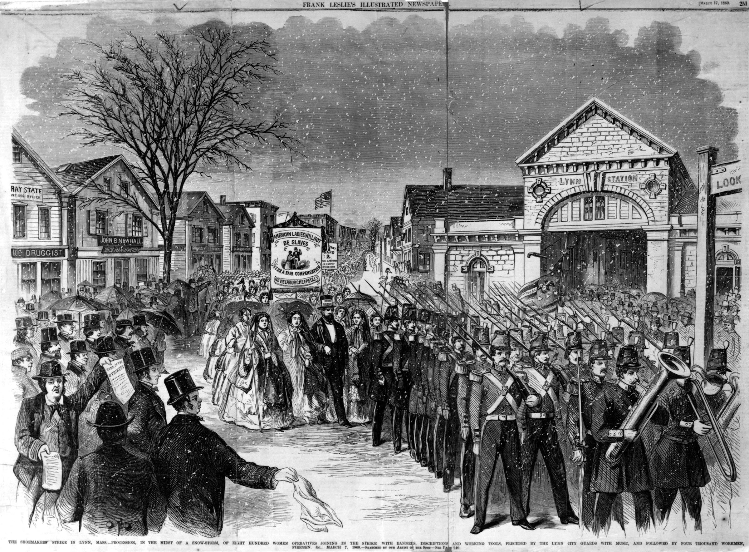 Preceded by the local militia, women shoemakers demonstrated in the streets of Lynn, Massachusetts, on March 7, 1860. In contrast to their failure to cover previous labor actions, illustrated newspapers published a number of images of the 1860 strike.