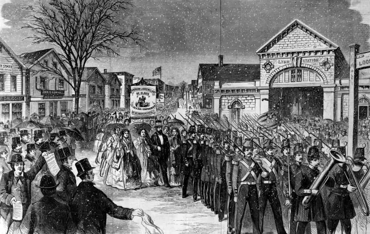 Preceded by the local militia, women shoemakers demonstrated in the streets of Lynn, Massachusetts, on March 7, 1860. In contrast to their failure to cover previous labor actions, illustrated newspapers published a number of images of the 1860 strike.