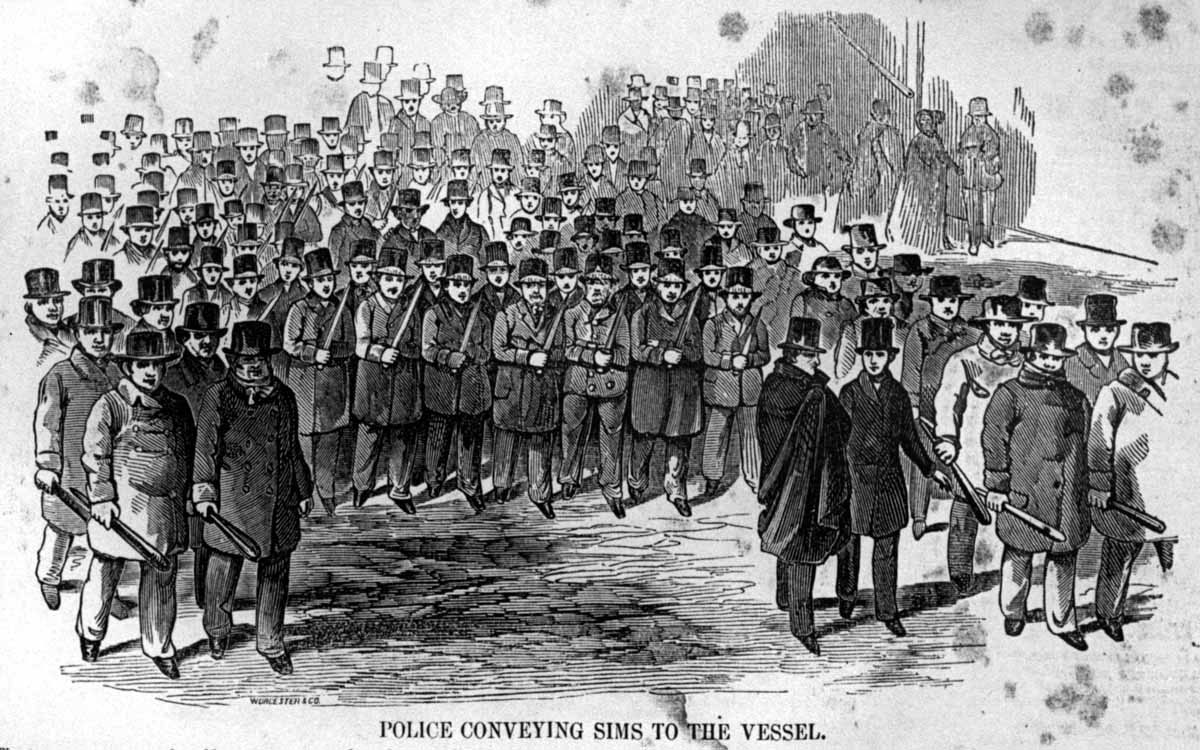 Thomas Sims escaped slavery in Georgia, but in April 1851, he was arrested in Boston and, under the Fugitive Slave Law, returned to his enslaver. The city’s abolitionist movement agitated for his release, and large crowds surrounded the courthouse where Sims was incarcerated. But these efforts, which included plans to forcibly free the prisoner, did not succeed. This picture from a Boston illustrated weekly shows how Sims was conducted by 300 armed police and U.S. marshals to a Navy ship that carried him back to slavery. On his return south, Sims was sold to a new planter in Mississippi. He escaped again in 1863.