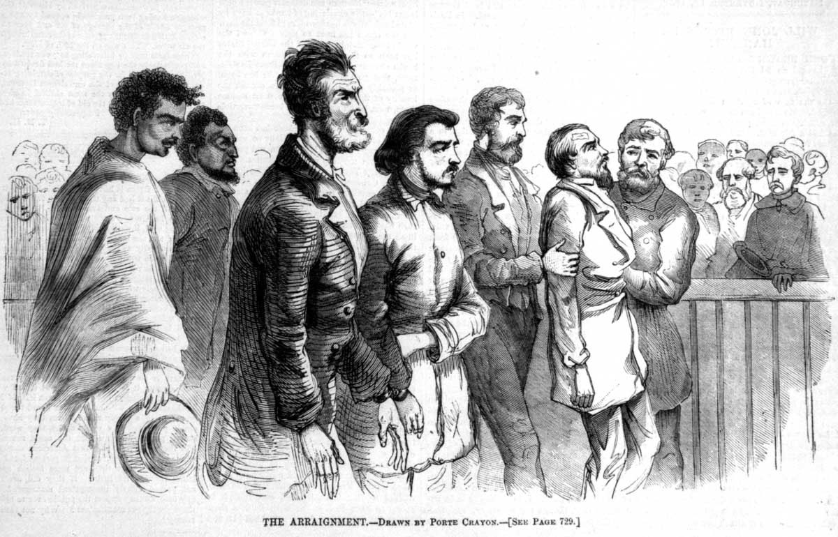 <em>Harper's Weekly</em> artist David Hunter Strother sketched John Brown and his coconspirators as they were charged with treason and murder in a Charlestown, Virginia, courtroom. Reporters’ access to Brown and the trial was severely restricted because of fears about rescue attempts and local suspicion toward any sympathetic outsiders; indeed, another pictorial reporter was forced to flee Virginia after word spread that he had sold a drawing of John Brown to the antislavery <em>New York Tribune</em>. Meanwhile, the Virginia-born Strother was able to cover the trial with little competition, assisted by the presiding judge and the prosecutor who were his close friend and uncle, respectively.