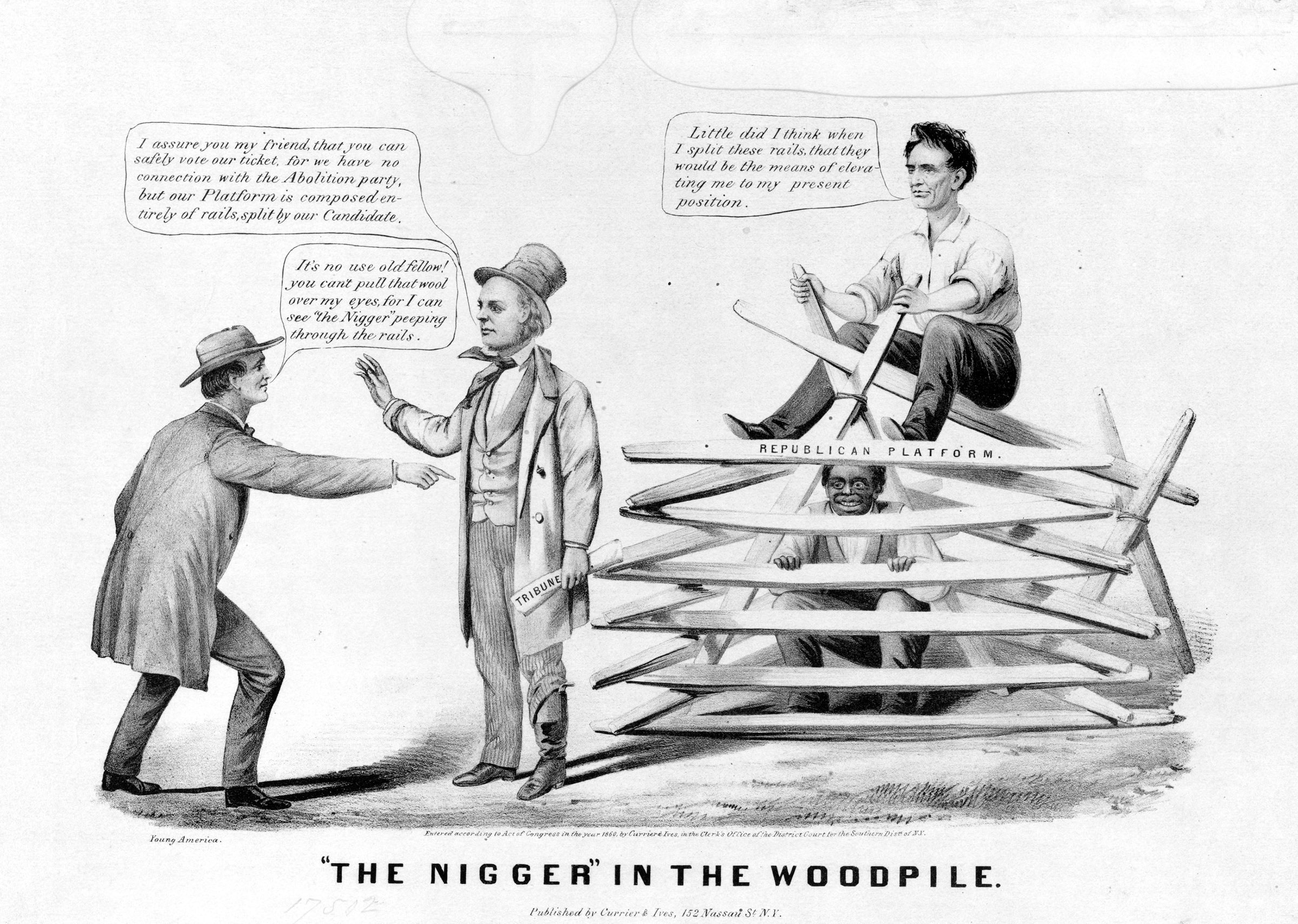 Brandishing a racist title, an 1860 anti-Lincoln cartoon portrayed the presidential candidate as trying to conceal the antislavery essence of the Republican party platform.