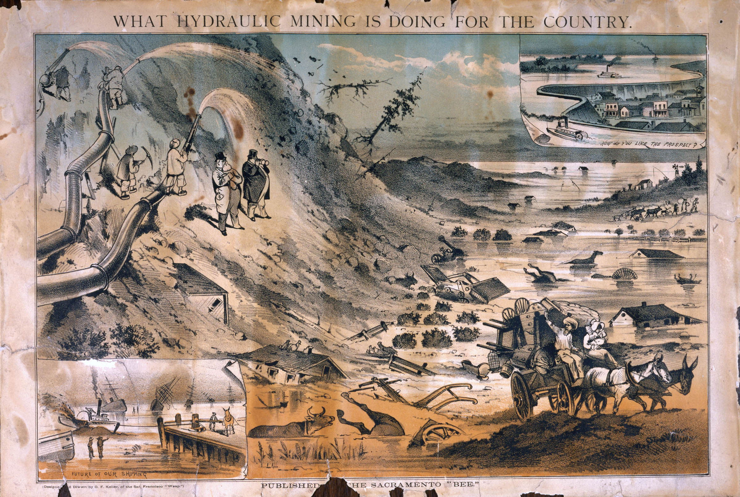 In 1853, hydraulic mining was introduced in the California gold fields, harnessing the power of water forced through a system of hoses to cut away tons of rock and dirt to extract the gold hidden beneath. “Thus,” rejoiced one local newspaper, “banks of earth that would have kept a hundred men employed for months in their removal will now be removed by three or four men in two weeks.” But as this cartoon from the <em>Sacramento Bee</em> indicated, the new process worsened erosion that had already been caused by excessive timber cutting, clogging rivers with the runoff that flooded and devastated rural settlements.