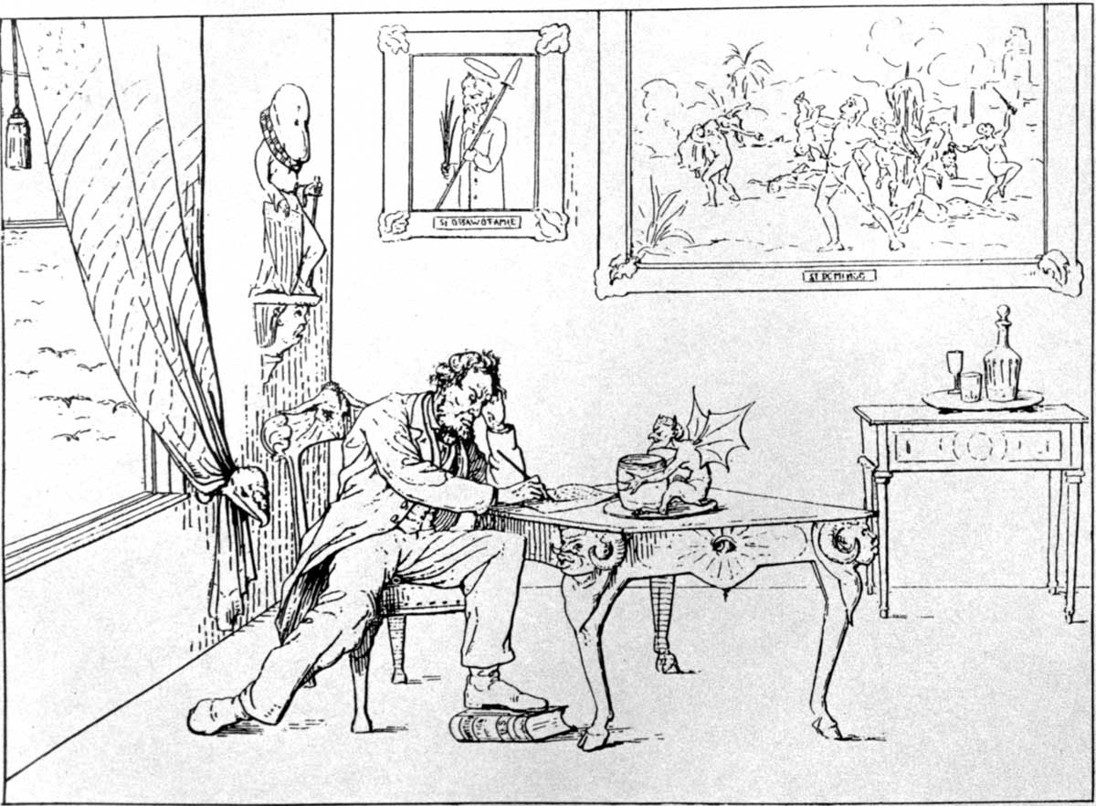 Surrounded by symbols of Satanism and paintings honoring John Brown and past rebellions by enslaved people, an inebriated Lincoln is shown treading on the Constitution as he drafted the Emancipation Proclamation. This caricature was part of a collection of etchings, <em>Sketches from the Civil War in North America</em>, by Baltimore pro-South Democrat Adalbert Johann Volck.