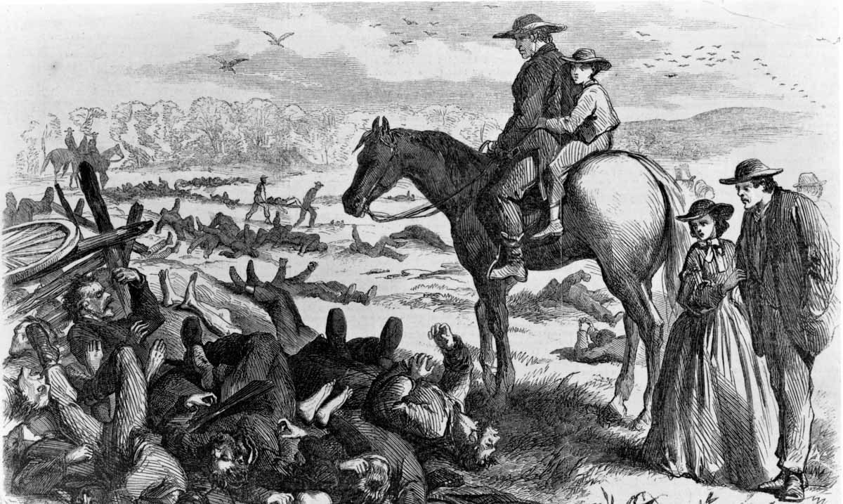 As the war progressed and artist-reporters experienced battle firsthand, their illustrations often became more realistic. F. H. Schell sketched the carnage after the battle of Antietam and the morbid curiosity of local inhabitants.